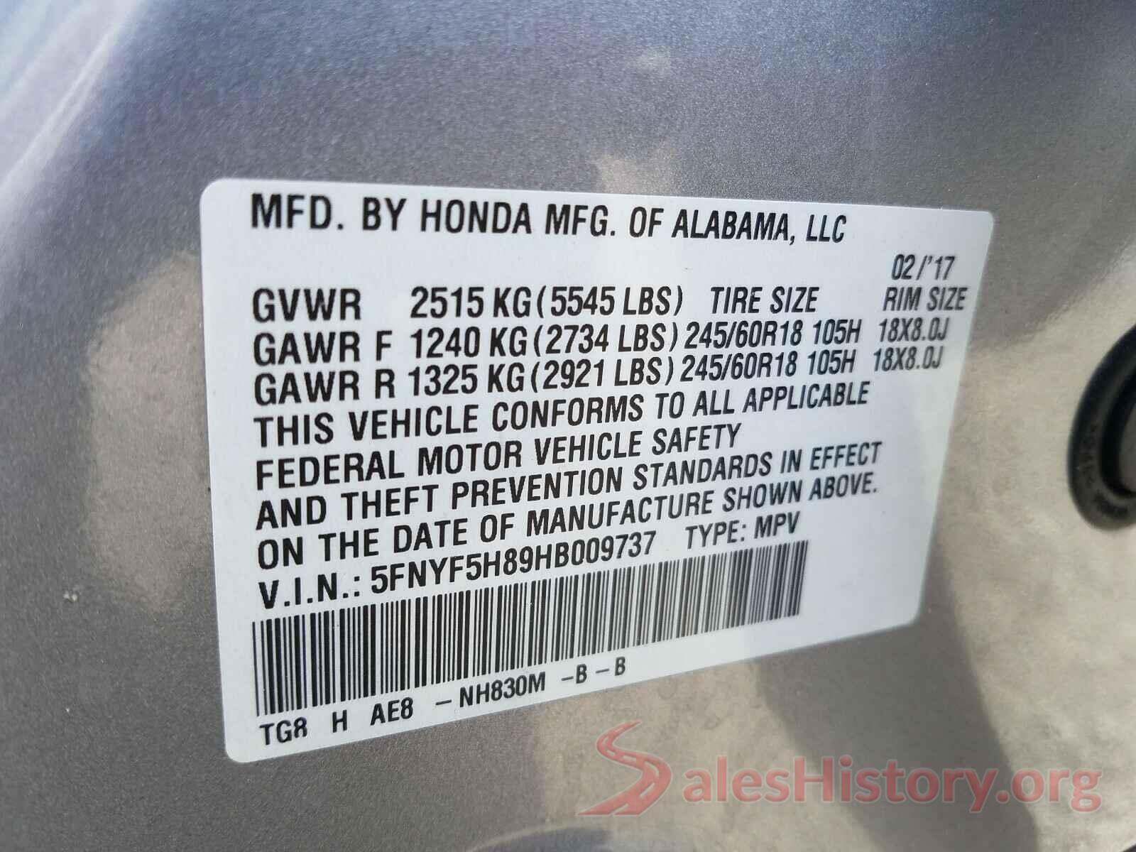 5FNYF5H89HB009737 2017 HONDA PILOT