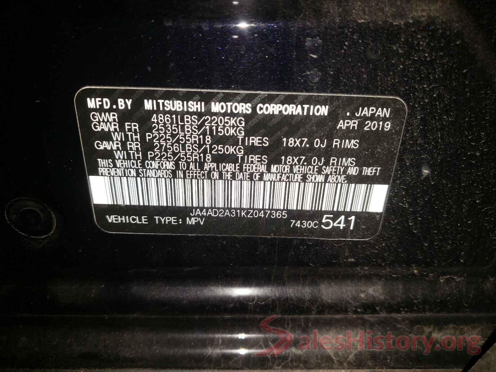 JA4AD2A31KZ047365 2019 MITSUBISHI OUTLANDER