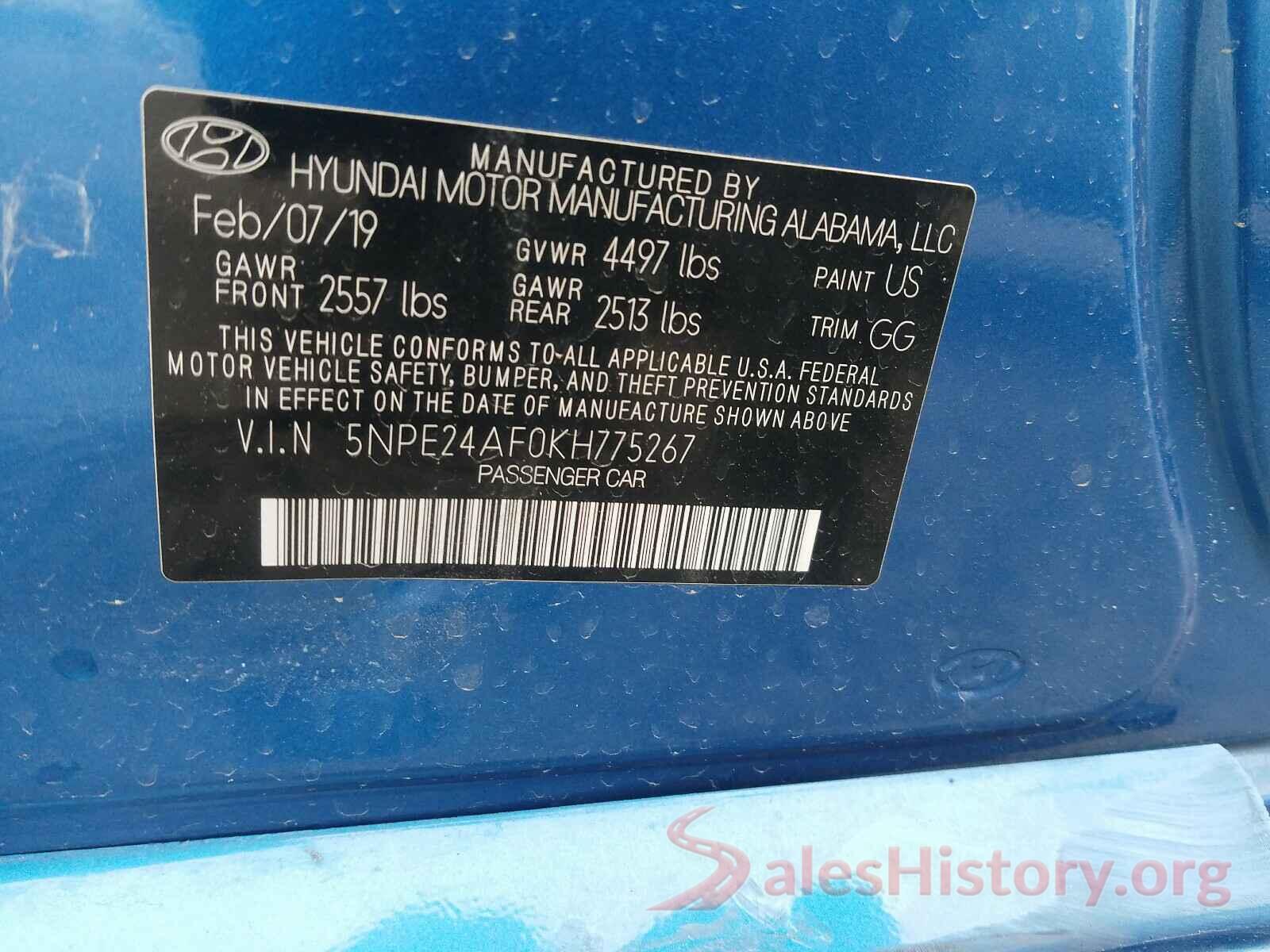 5NPE24AF0KH775267 2019 HYUNDAI SONATA