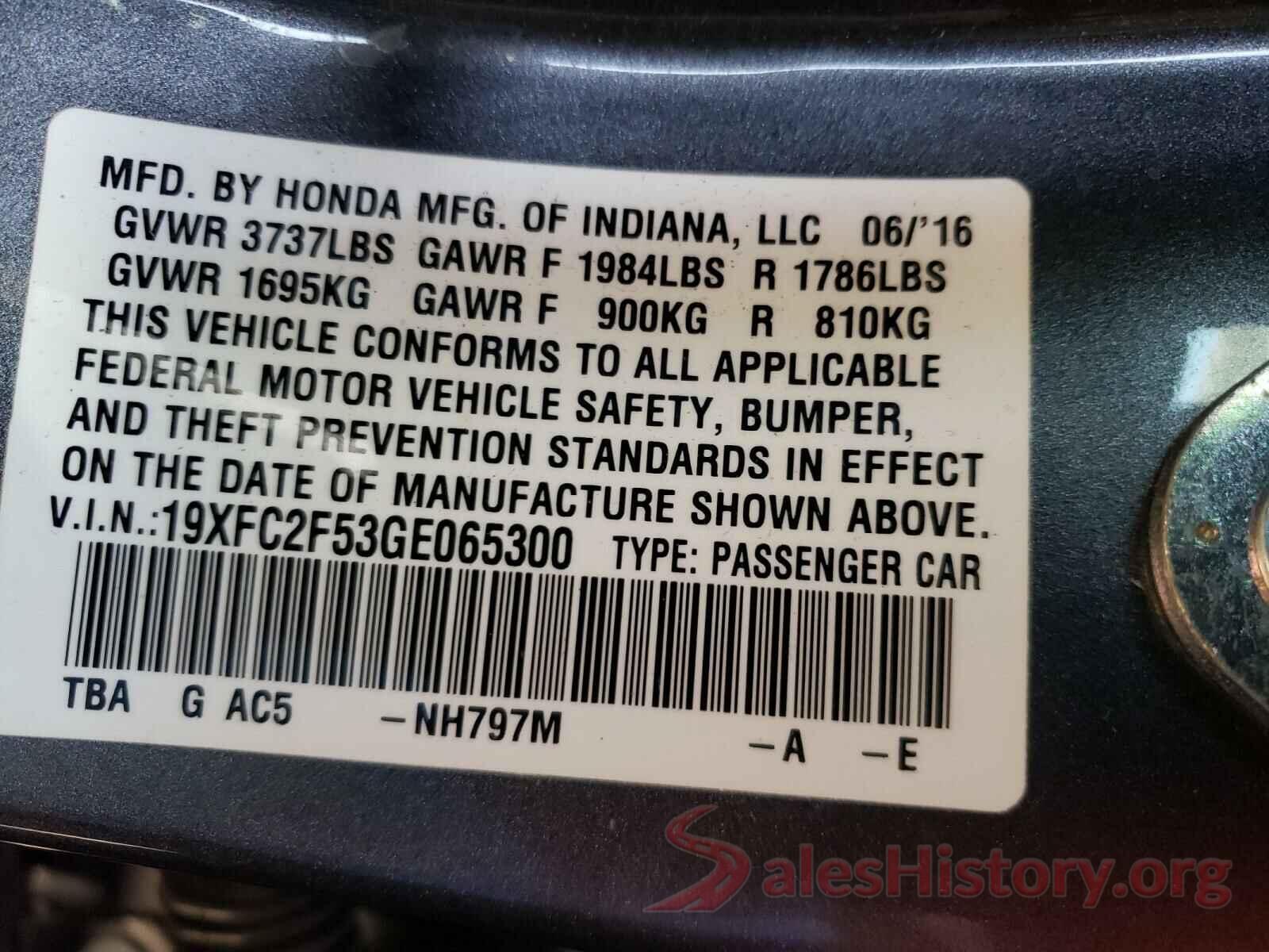 19XFC2F53GE065300 2016 HONDA CIVIC