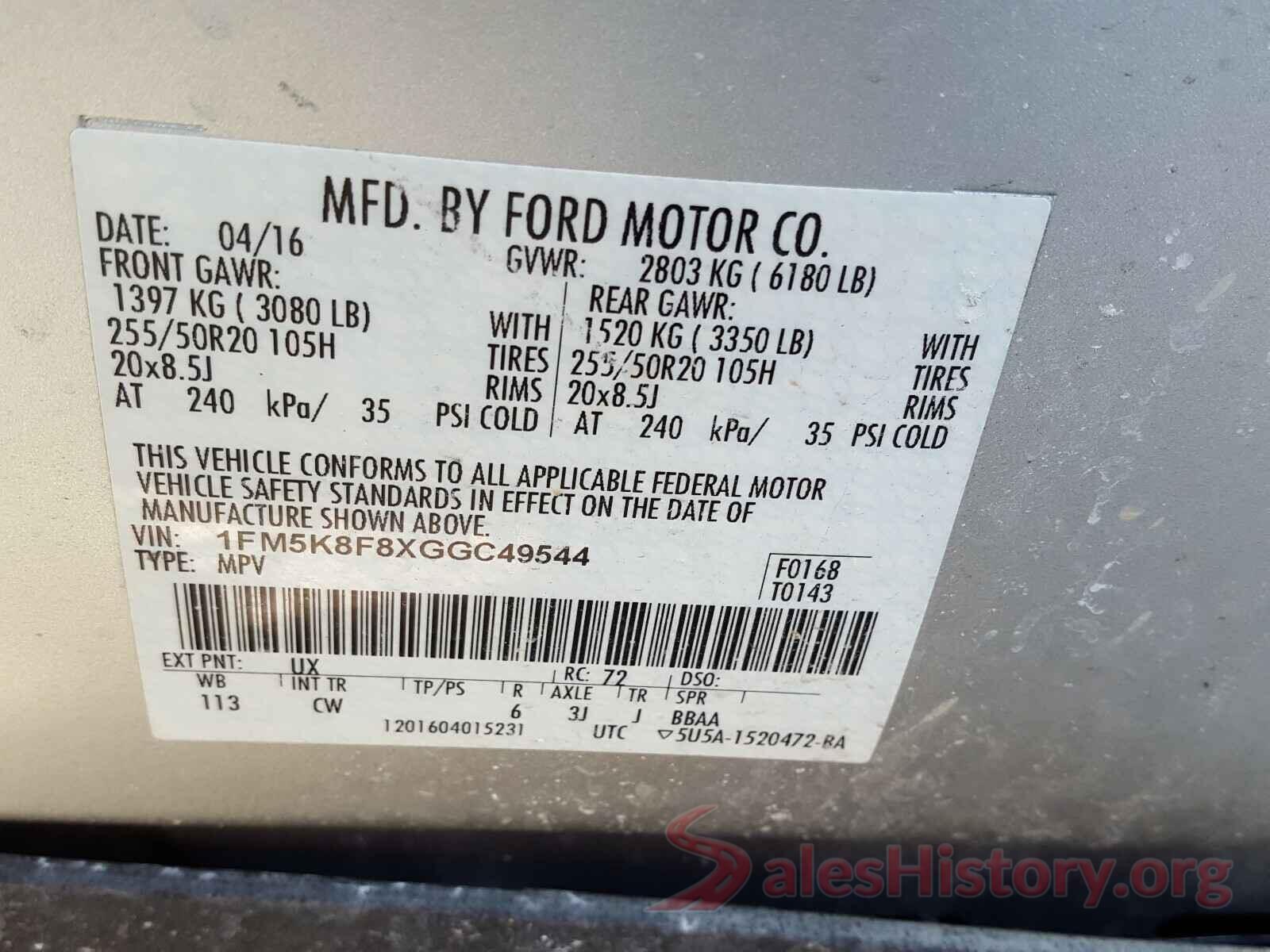 1FM5K8F8XGGC49544 2016 FORD EXPLORER