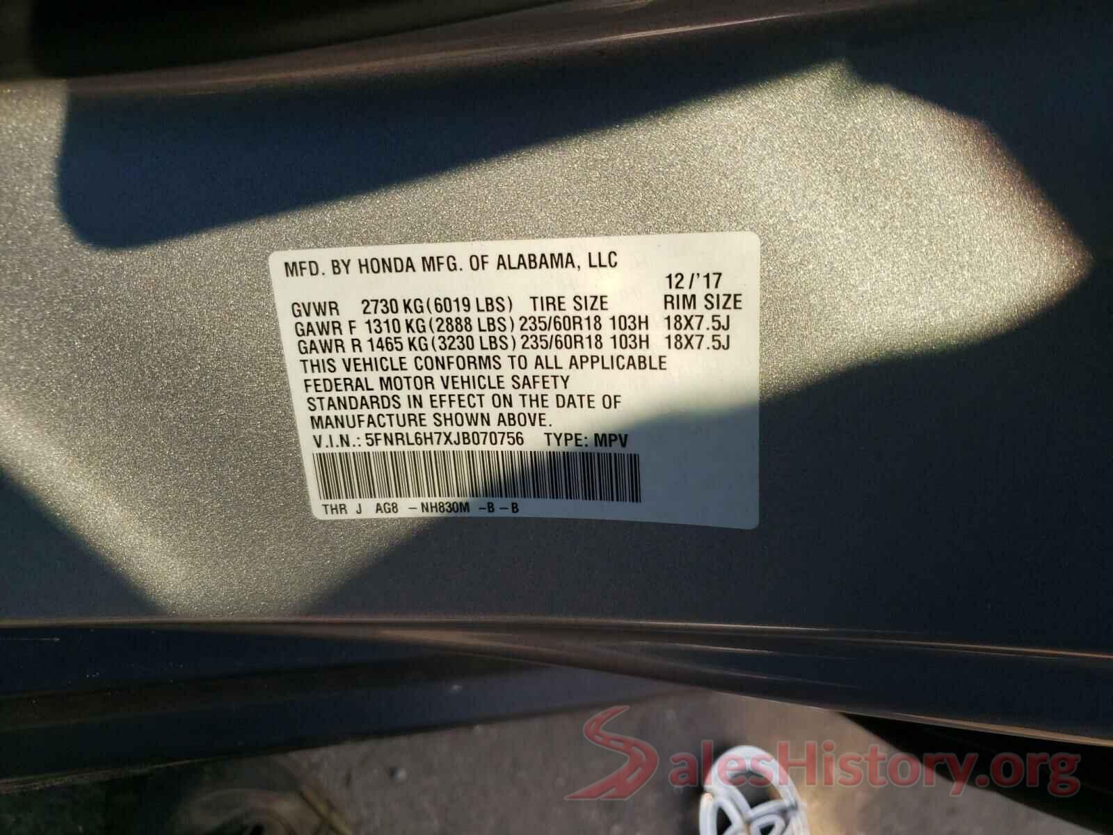 5FNRL6H7XJB070756 2018 HONDA ODYSSEY