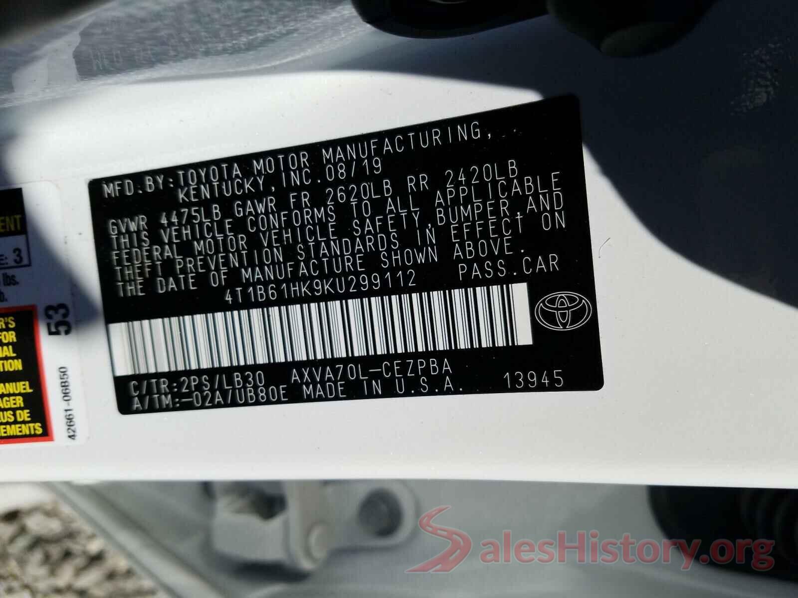 4T1B61HK9KU299112 2019 TOYOTA CAMRY