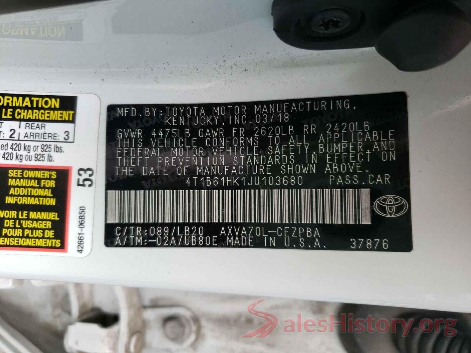 4T1B61HK1JU103680 2018 TOYOTA CAMRY