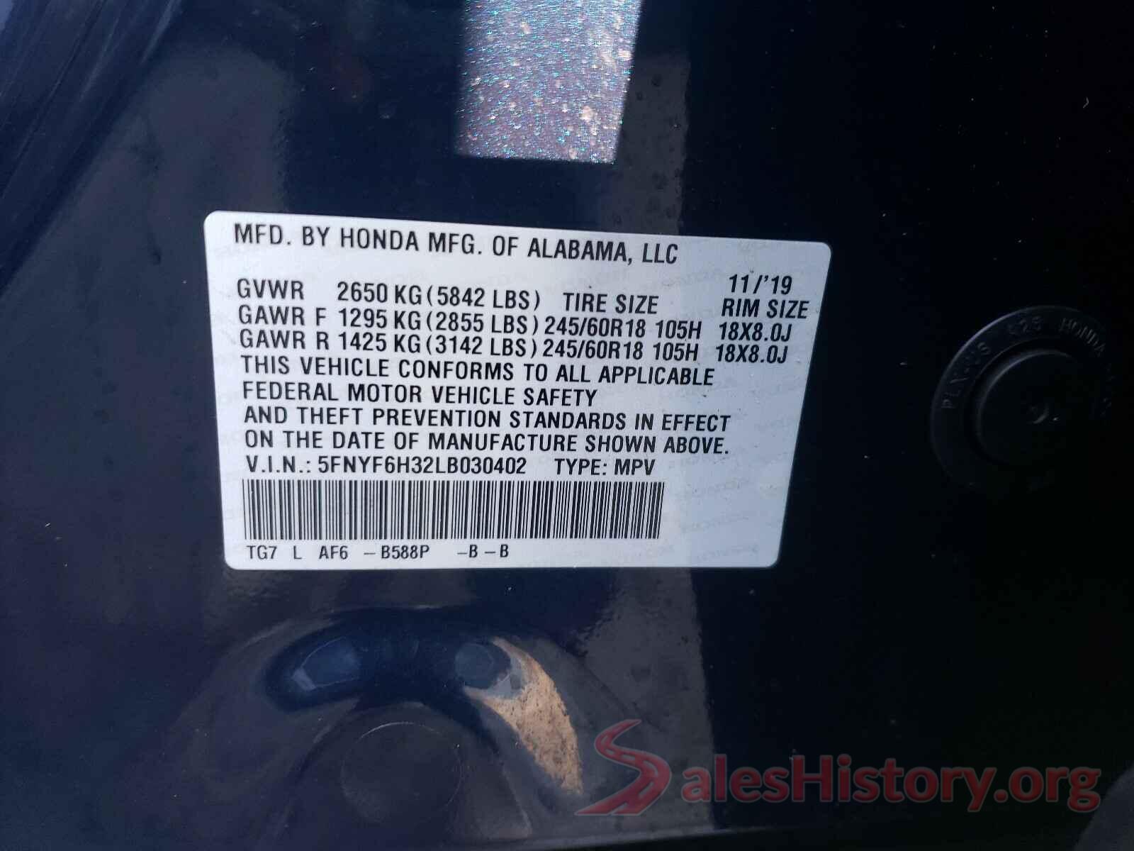 5FNYF6H32LB030402 2020 HONDA PILOT