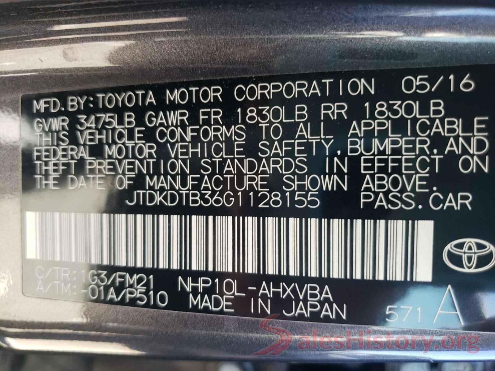 JTDKDTB36G1128155 2016 TOYOTA PRIUS