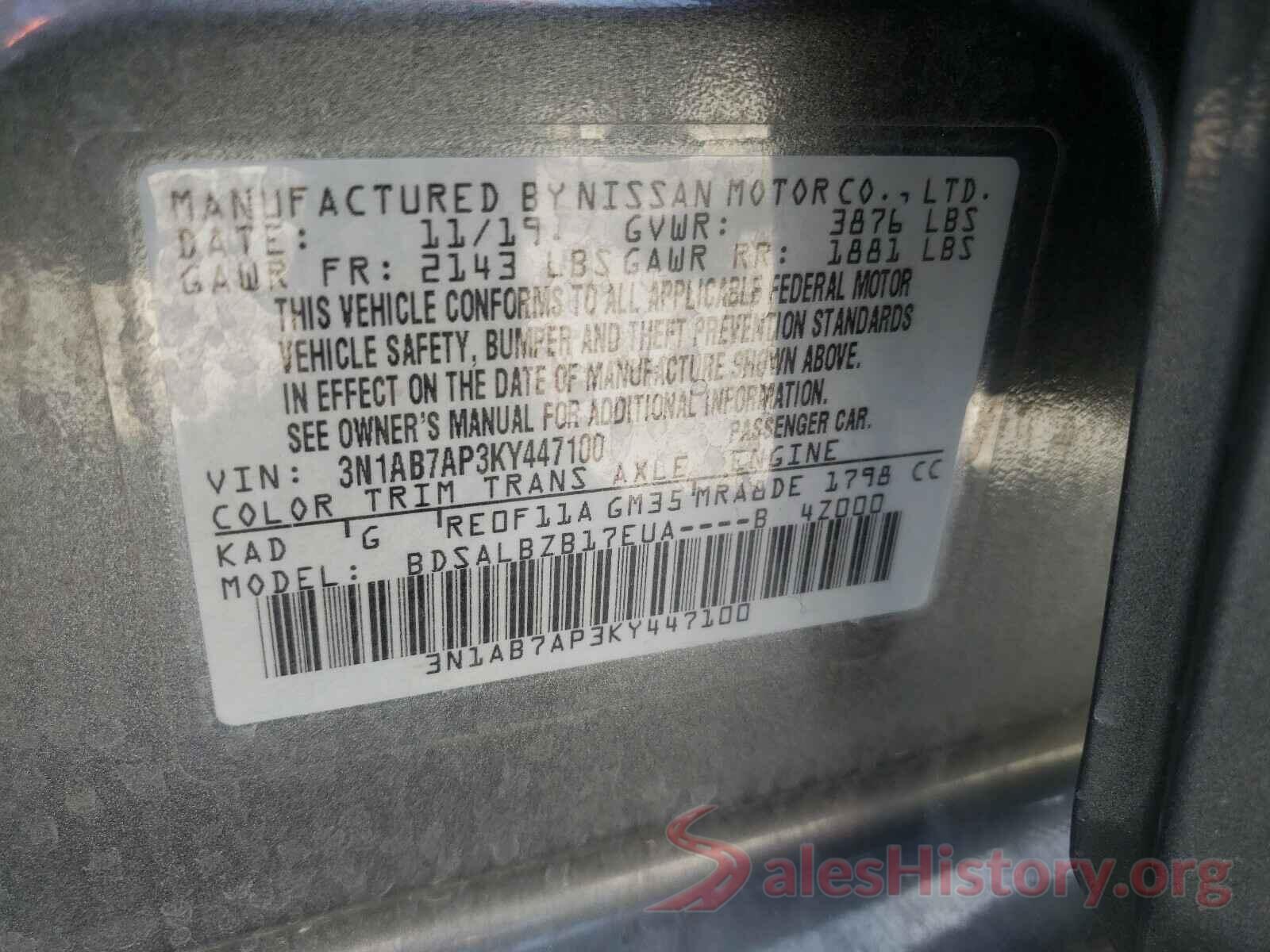 3N1AB7AP3KY447100 2019 NISSAN SENTRA