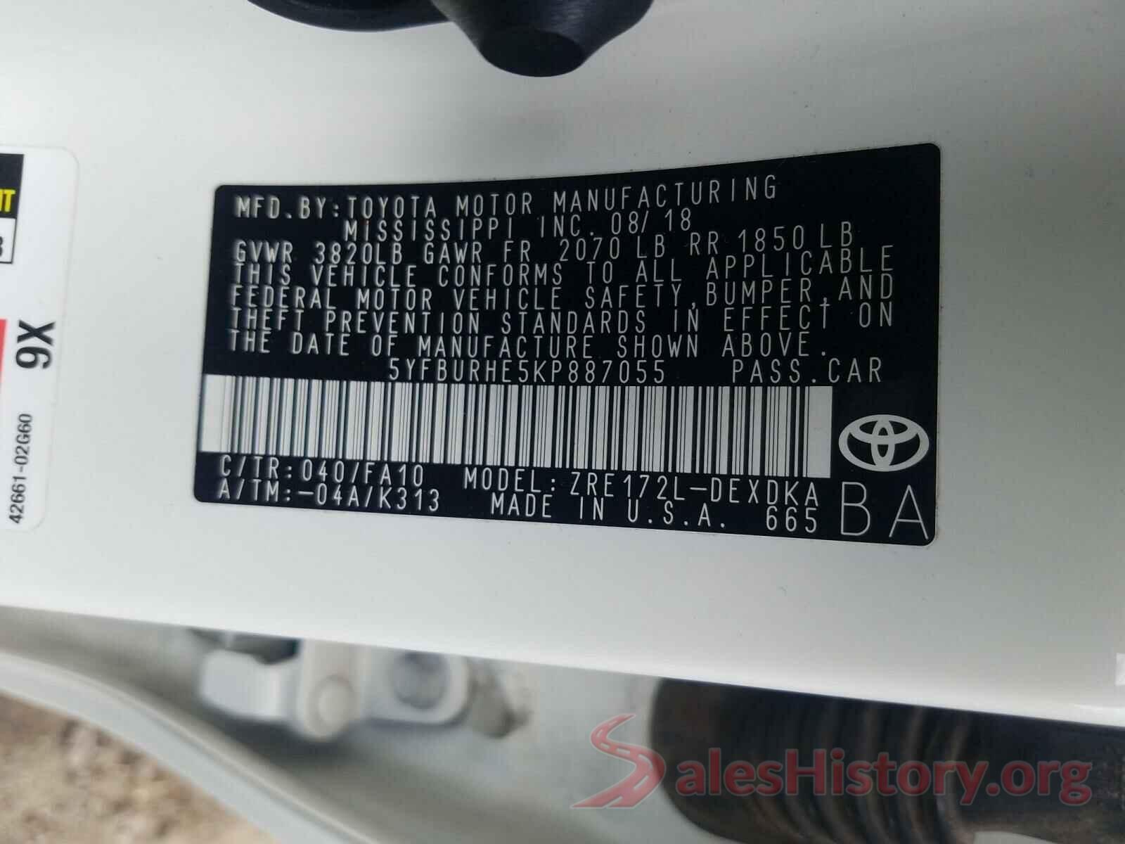 5YFBURHE5KP887055 2019 TOYOTA COROLLA