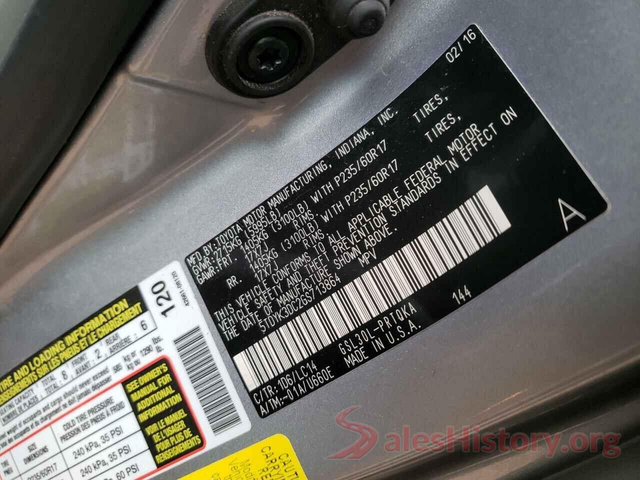 5TDYK3DC2GS713864 2016 TOYOTA SIENNA