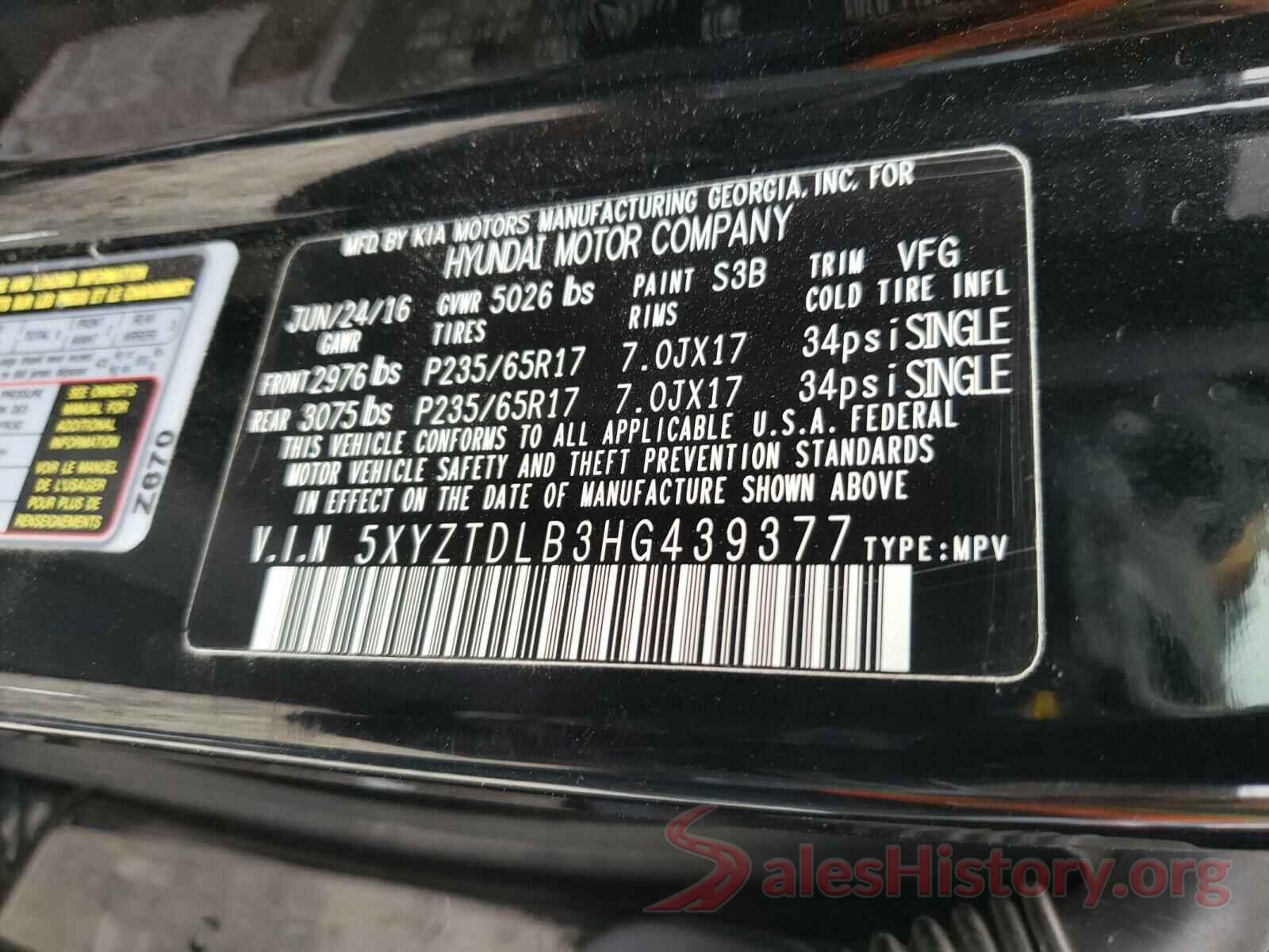 5XYZTDLB3HG439377 2017 HYUNDAI SANTA FE