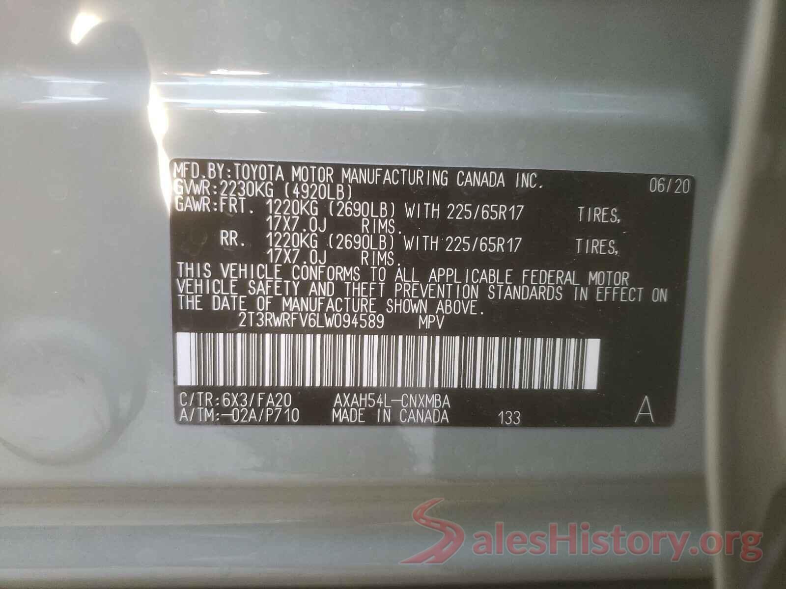 2T3RWRFV6LW094589 2020 TOYOTA RAV4