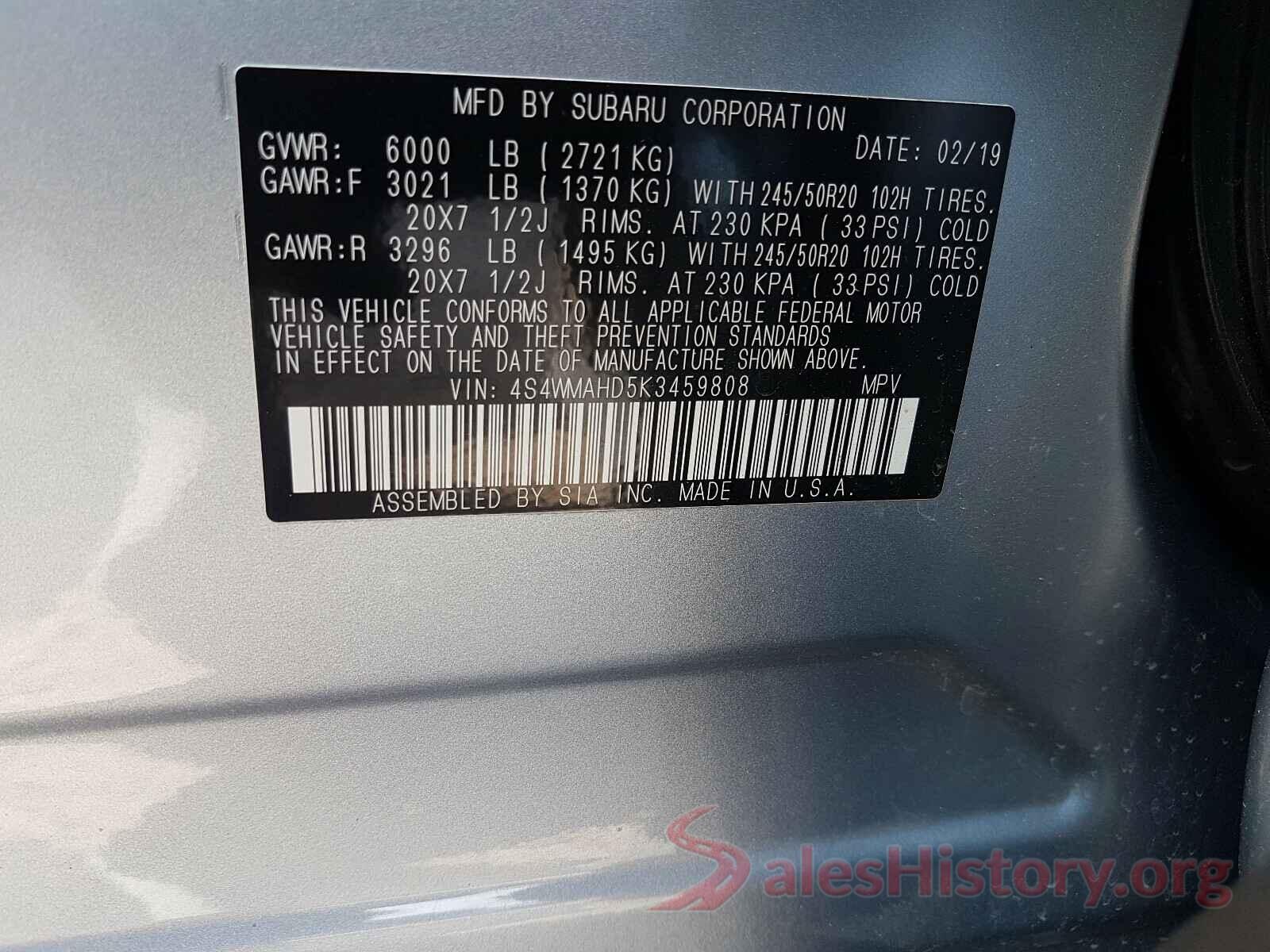 4S4WMAHD5K3459808 2019 SUBARU ALL MODELS