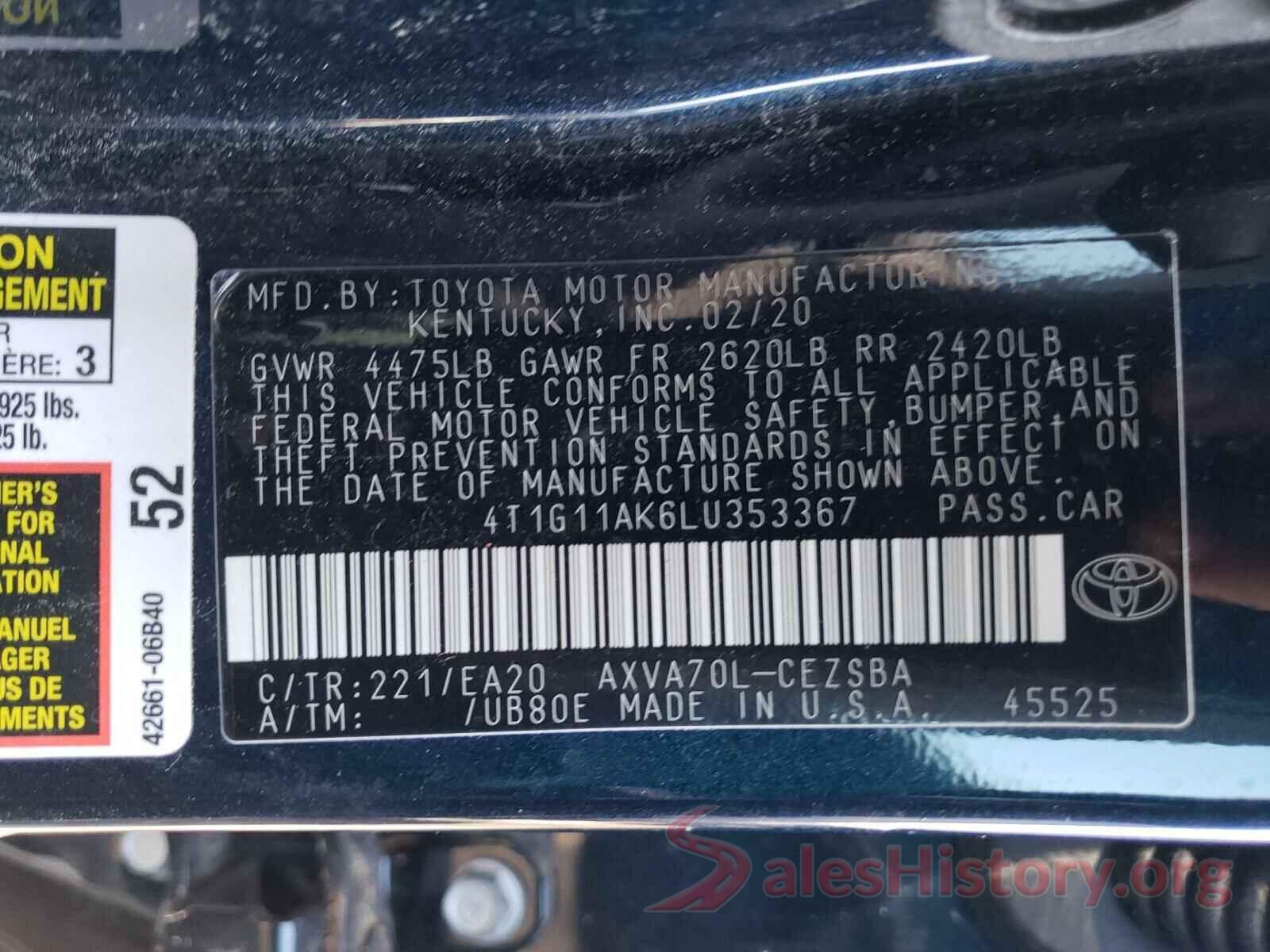 4T1G11AK6LU353367 2020 TOYOTA CAMRY