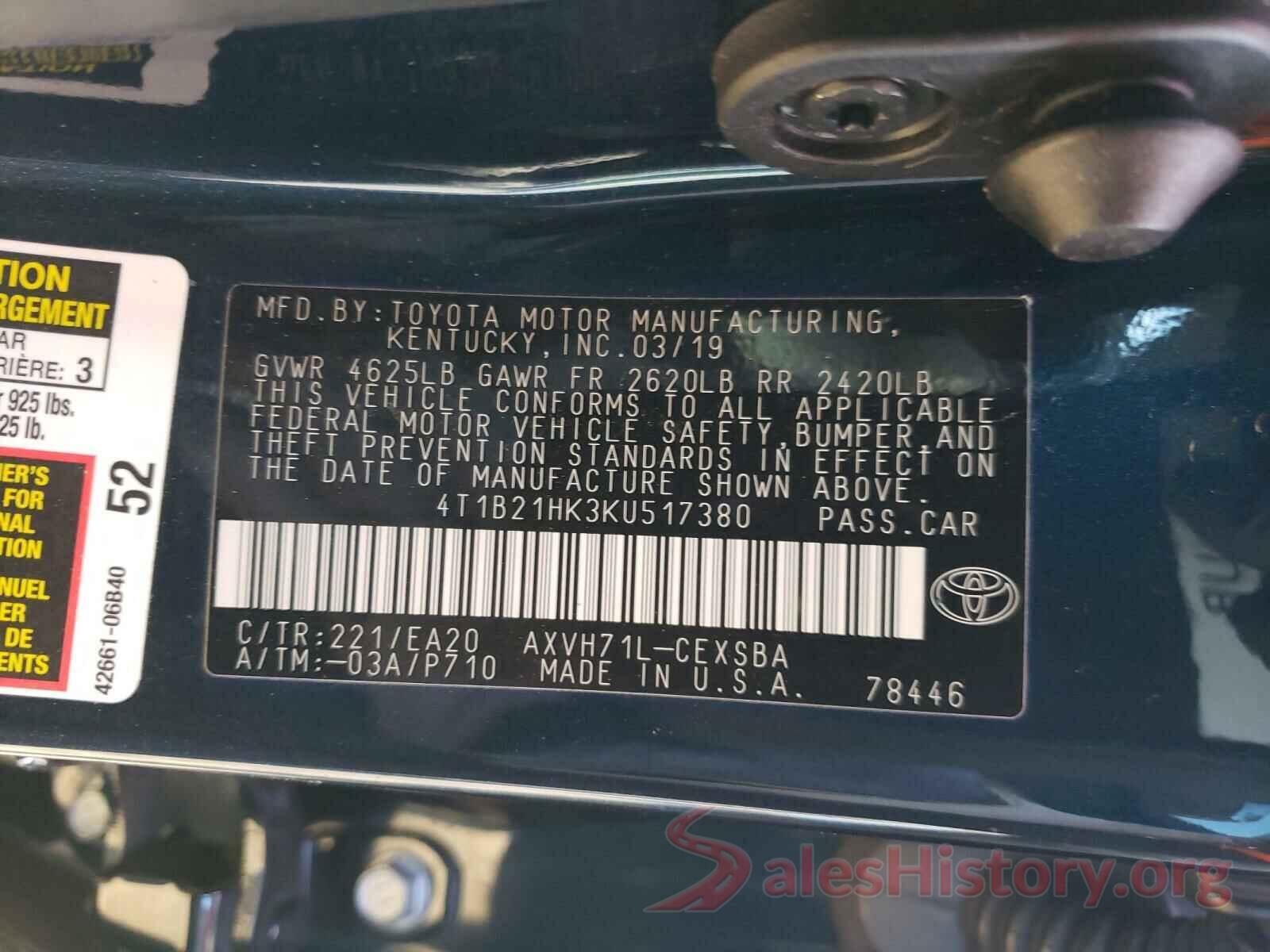 4T1B21HK3KU517380 2019 TOYOTA CAMRY