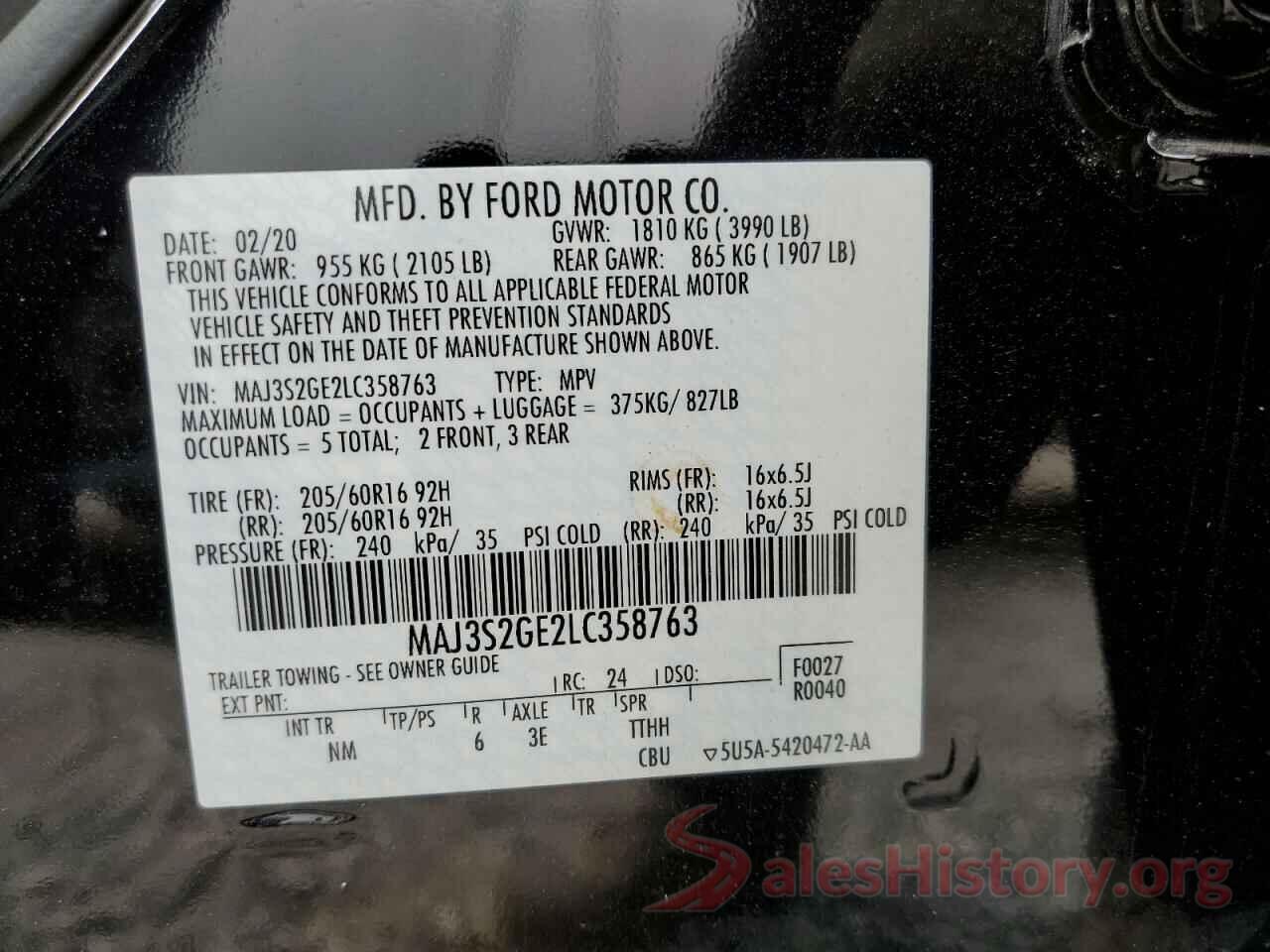 MAJ3S2GE2LC358763 2020 FORD ECOSPORT