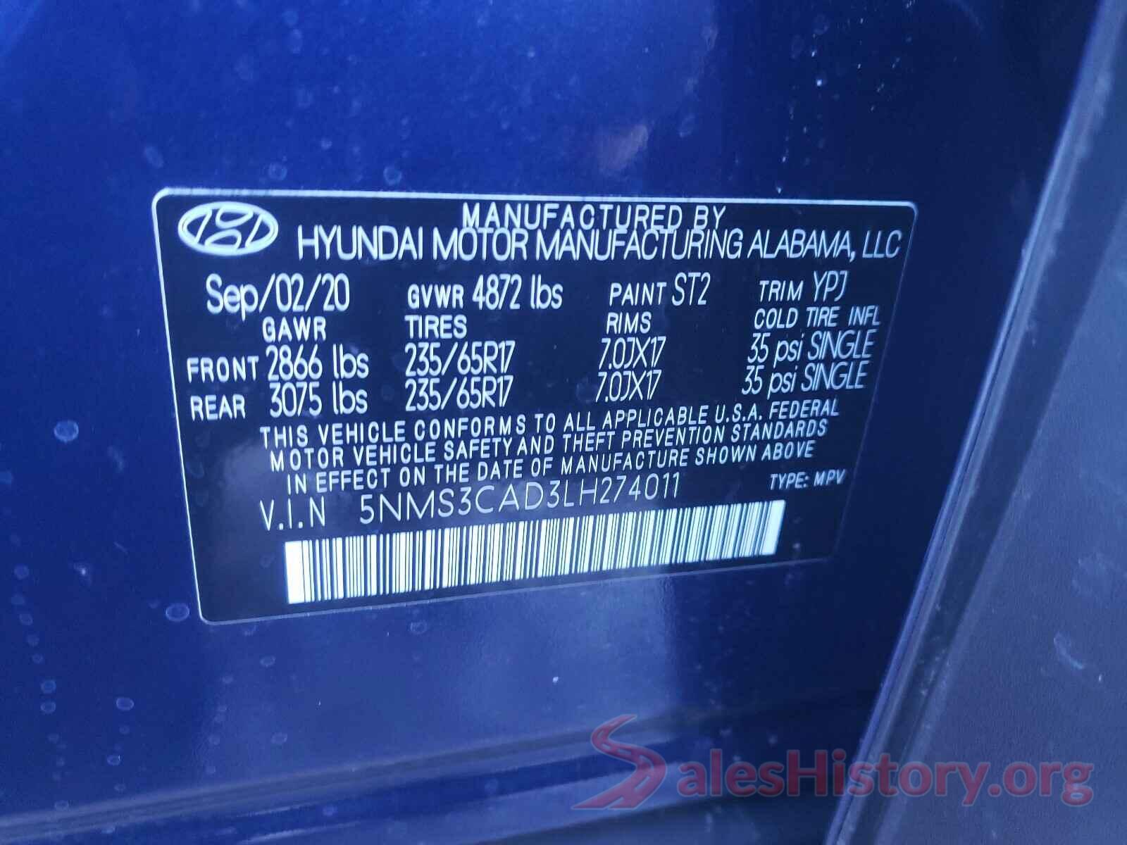 5NMS3CAD3LH274011 2020 HYUNDAI SANTA FE