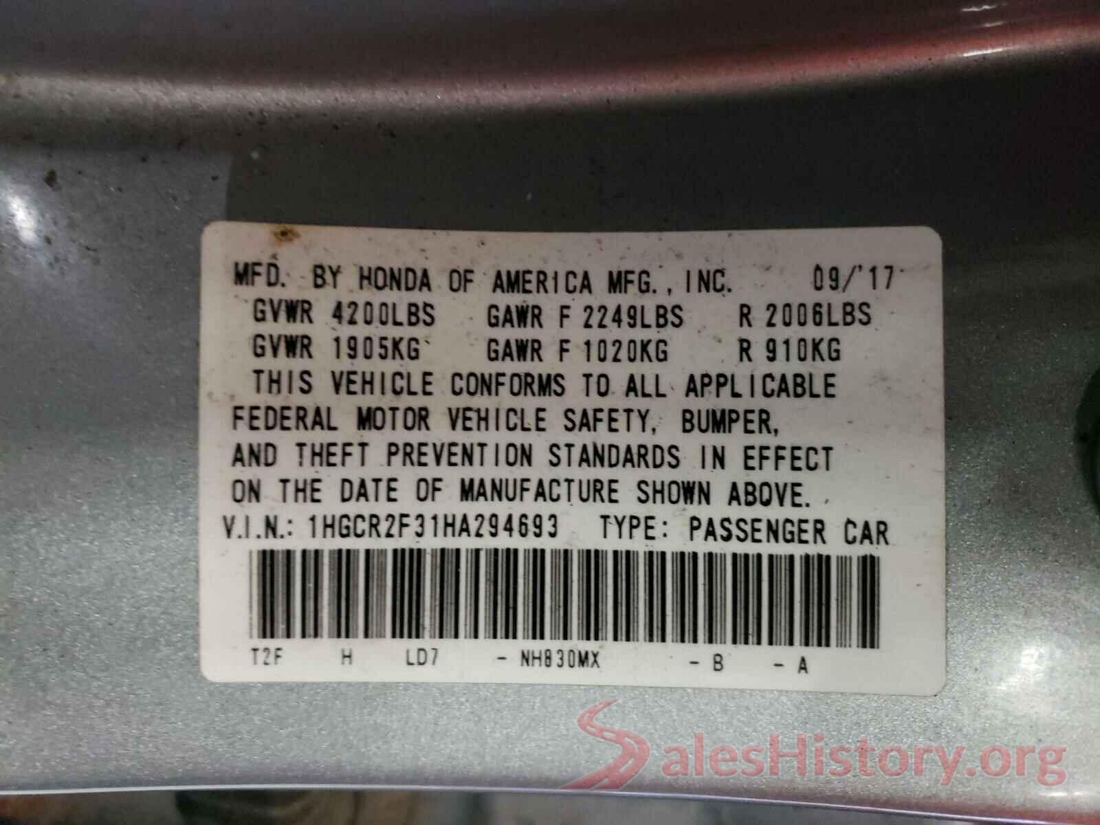 1HGCR2F31HA294693 2017 HONDA ACCORD