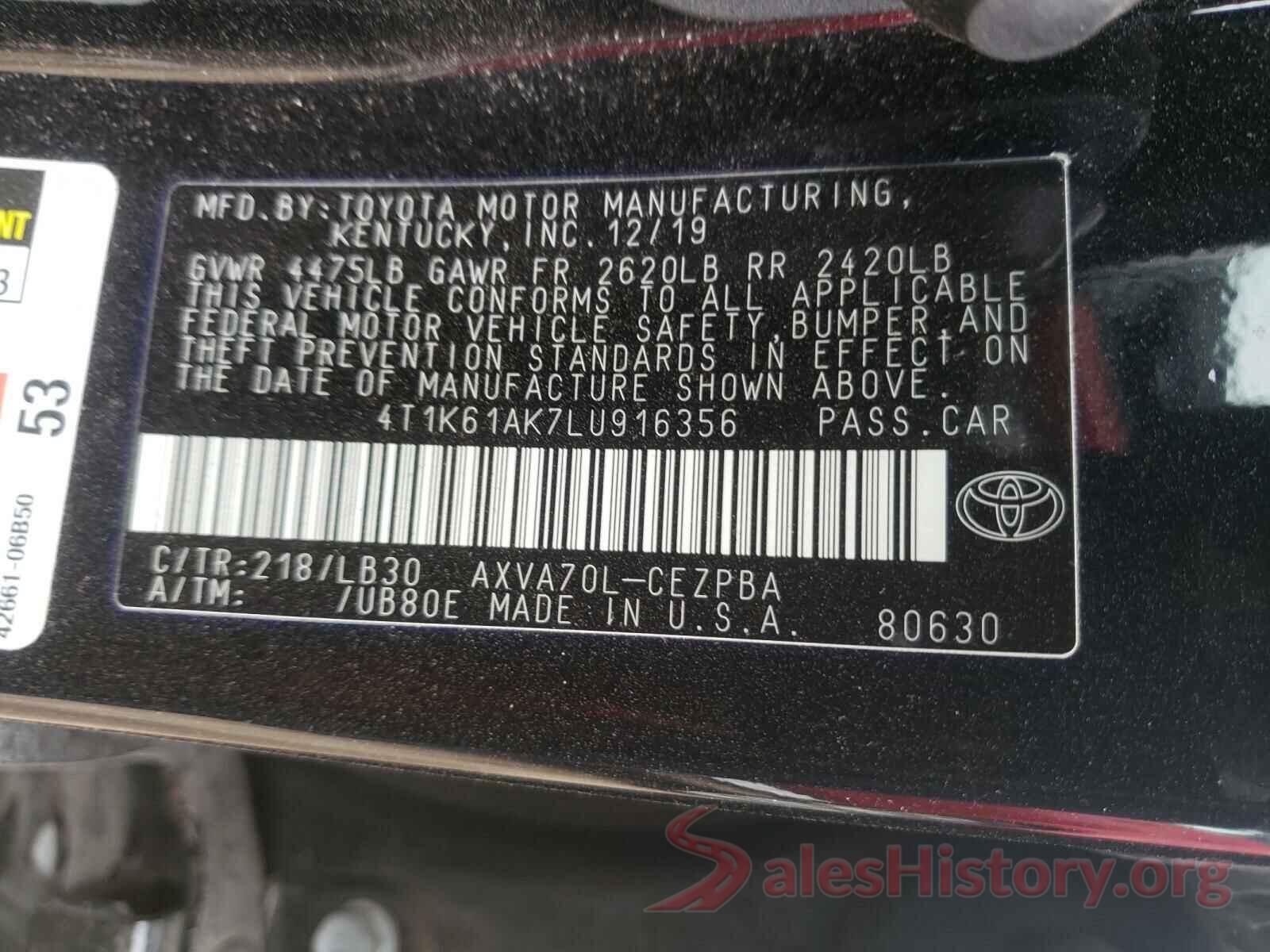 4T1K61AK7LU916356 2020 TOYOTA CAMRY