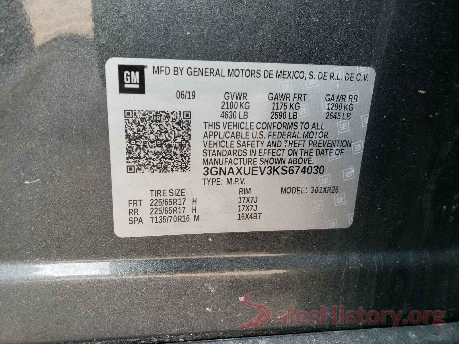 3GNAXUEV3KS674030 2019 CHEVROLET EQUINOX