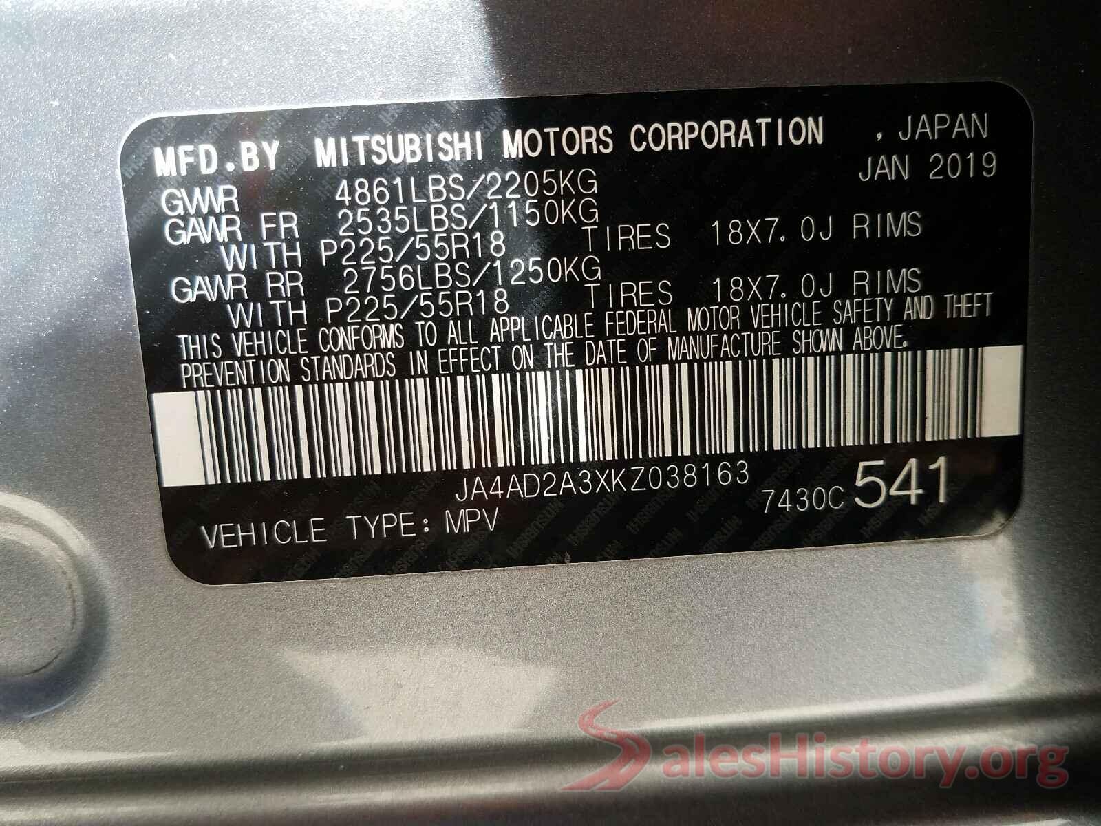 JA4AD2A3XKZ038163 2019 MITSUBISHI OUTLANDER