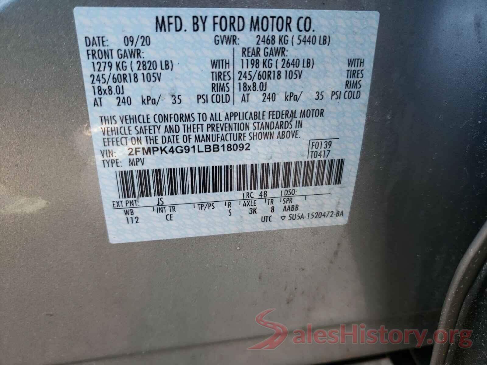 2FMPK4G91LBB18092 2020 FORD EDGE