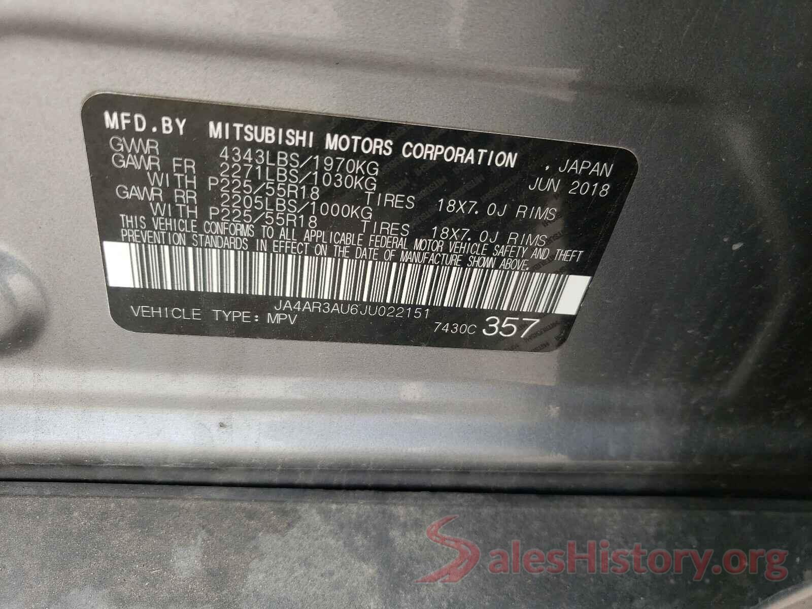 JA4AR3AU6JU022151 2018 MITSUBISHI OUTLANDER