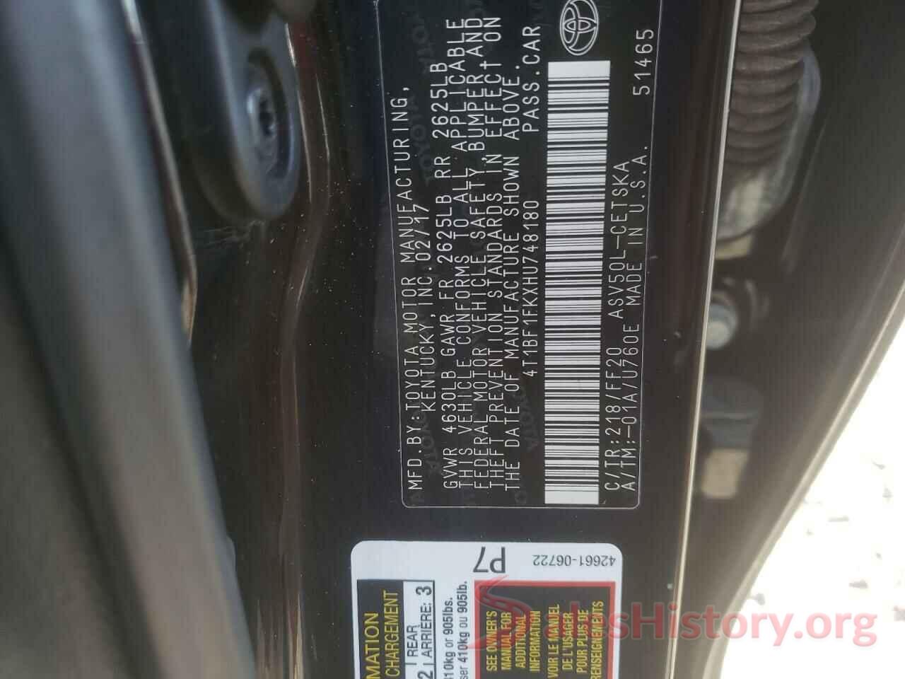 4T1BF1FKXHU748180 2017 TOYOTA CAMRY