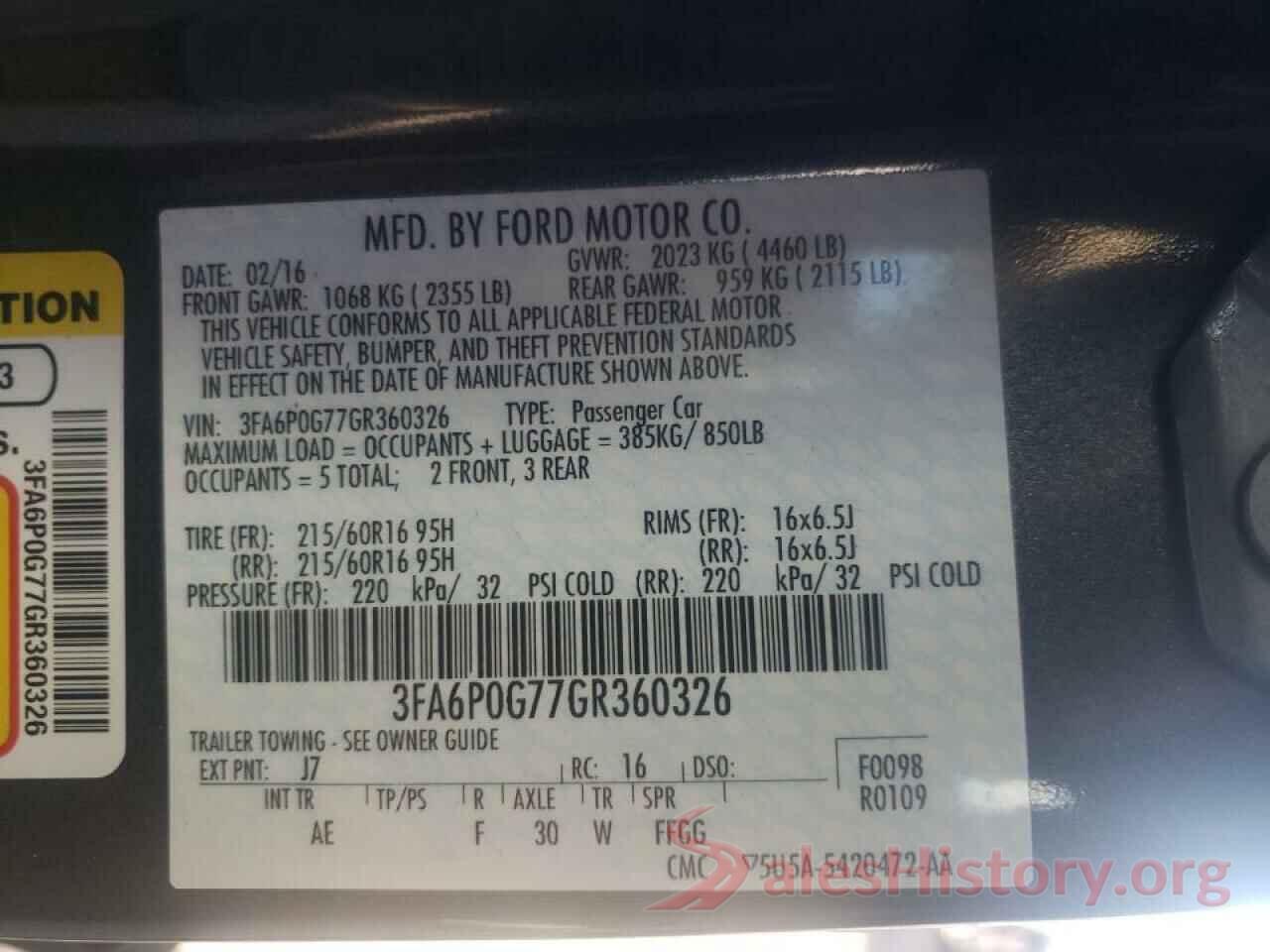 3FA6P0G77GR360326 2016 FORD FUSION