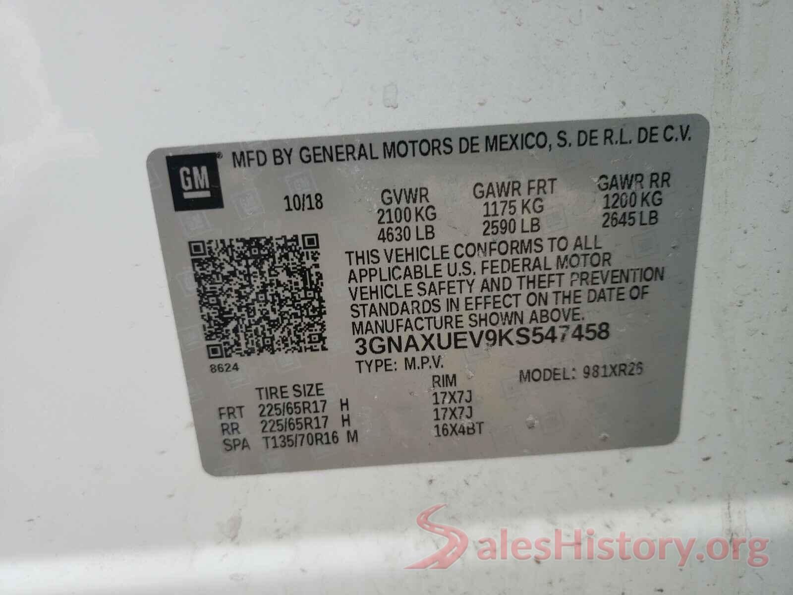 3GNAXUEV9KS547458 2019 CHEVROLET EQUINOX