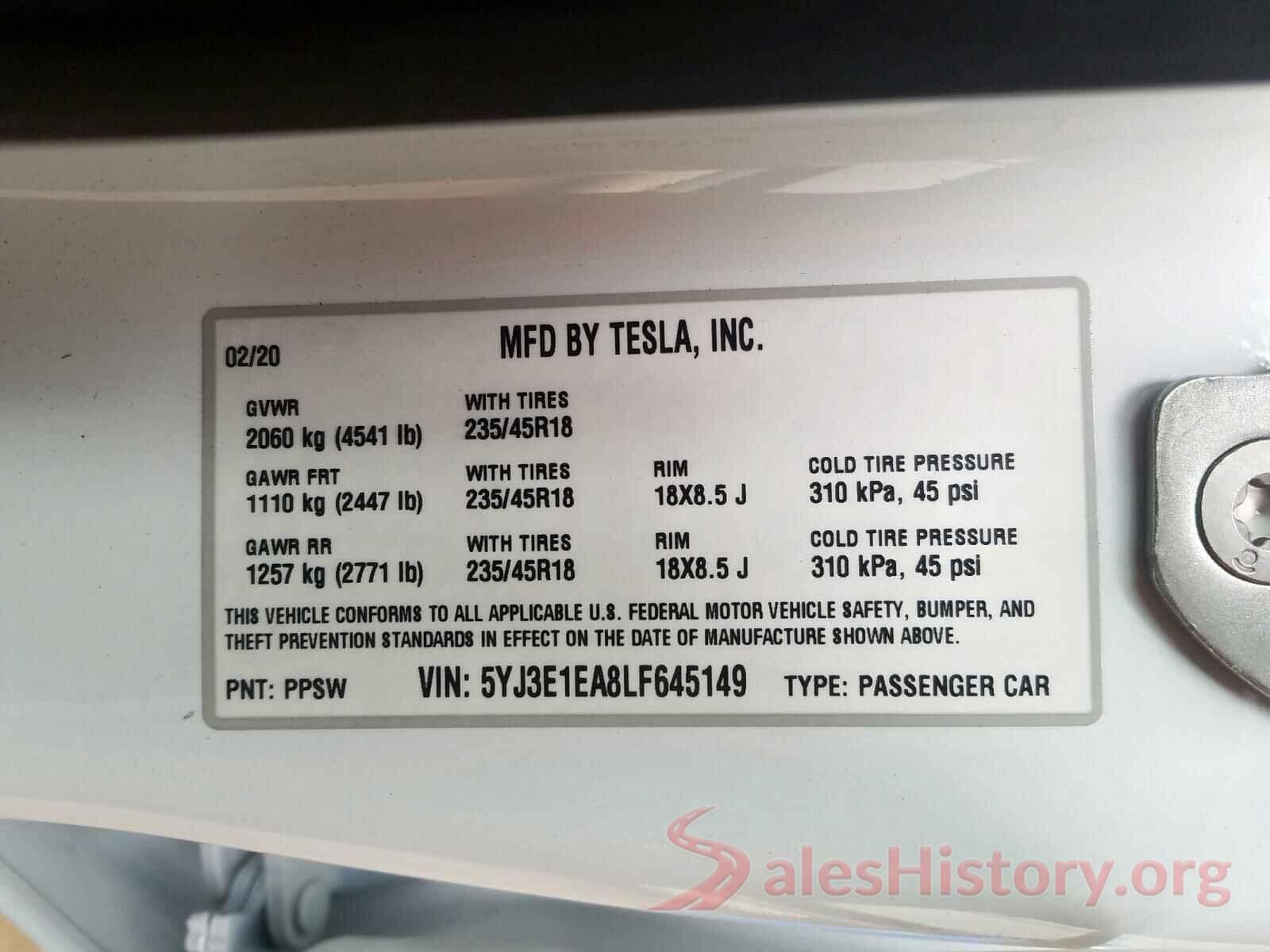 5YJ3E1EA8LF645149 2020 TESLA MODEL 3