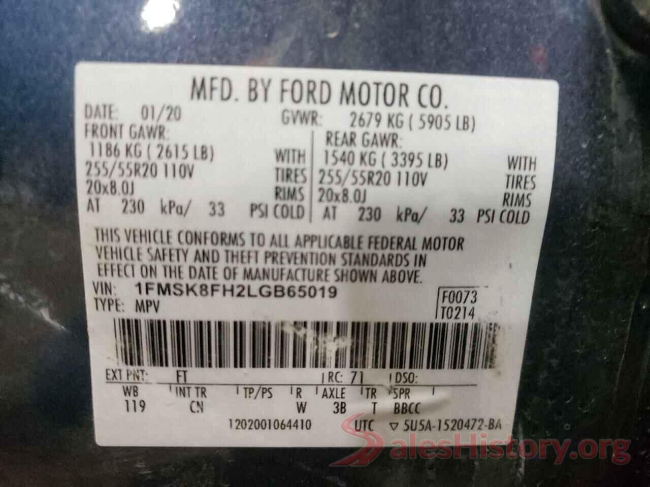 1FMSK8FH2LGB65019 2020 FORD EXPLORER