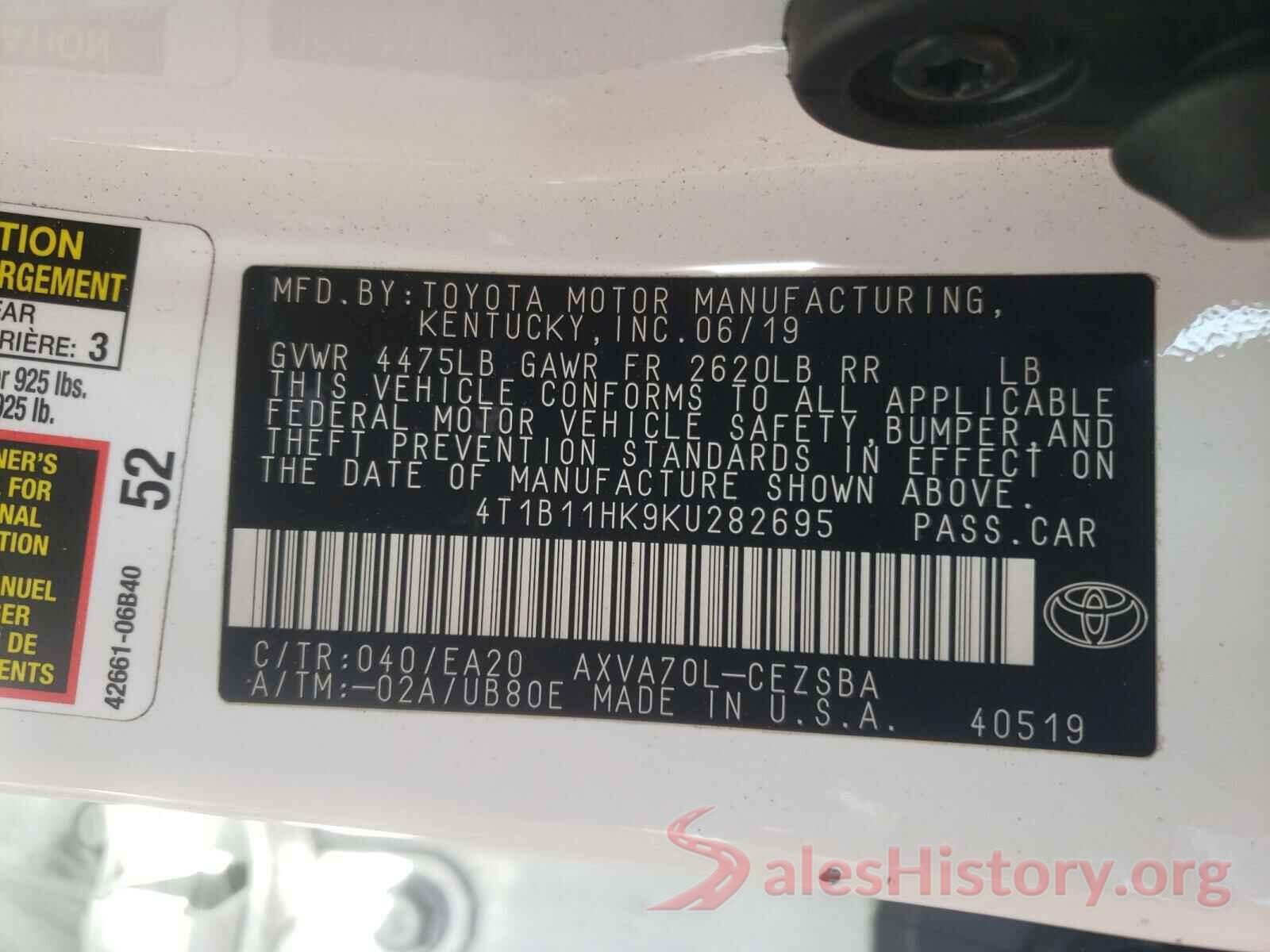 4T1B11HK9KU282695 2019 TOYOTA CAMRY