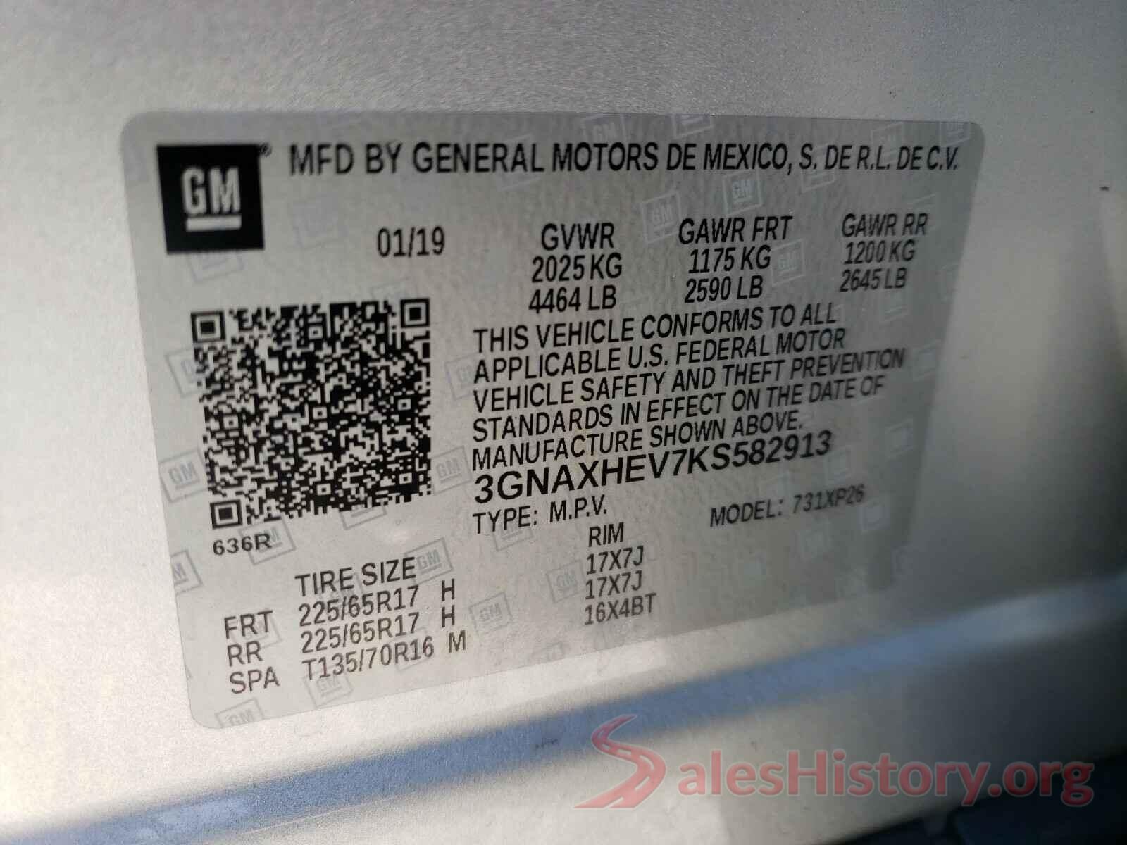 3GNAXHEV7KS582913 2019 CHEVROLET EQUINOX