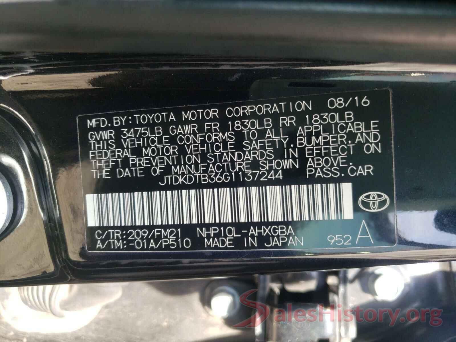 JTDKDTB36G1137244 2016 TOYOTA PRIUS