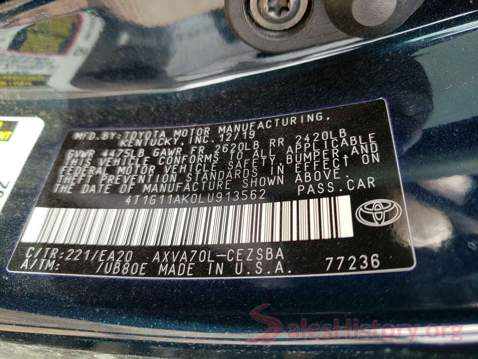 4T1G11AK0LU913562 2020 TOYOTA CAMRY