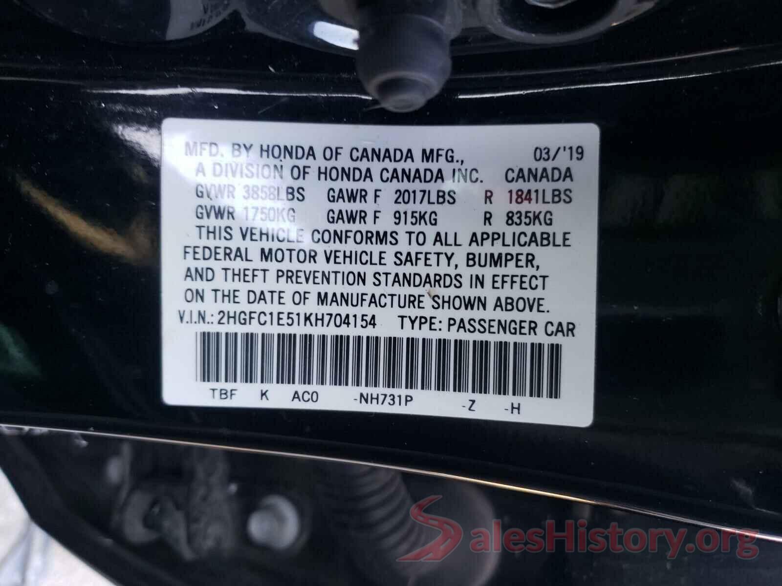 2HGFC1E51KH704154 2019 HONDA CIVIC