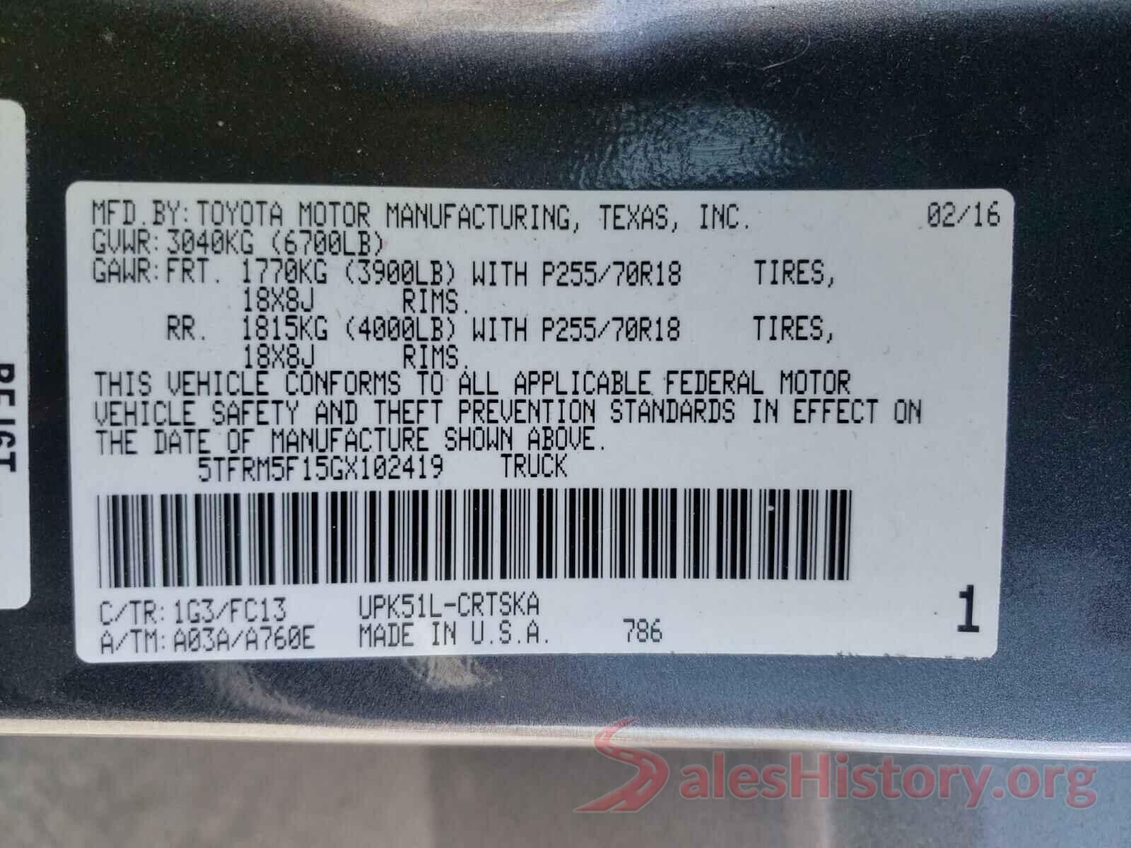 5TFRM5F15GX102419 2016 TOYOTA TUNDRA