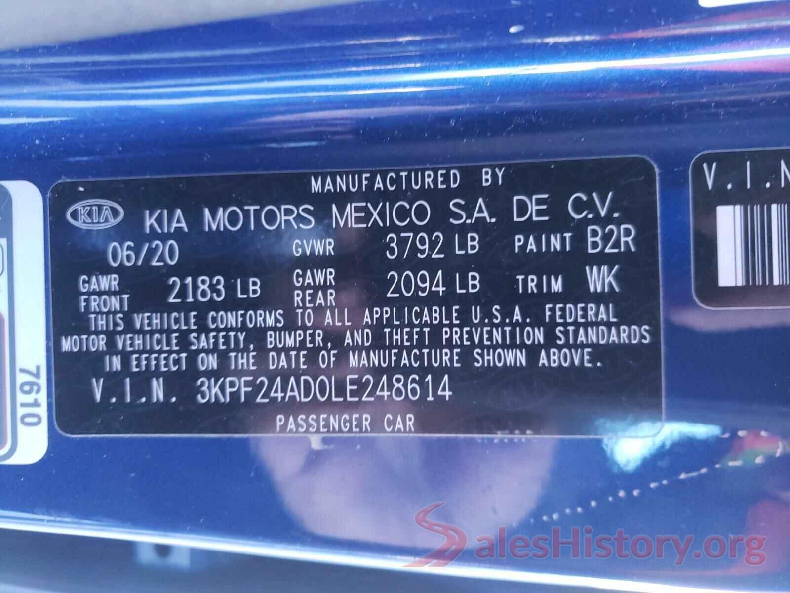 3KPF24AD0LE248614 2020 KIA FORTE