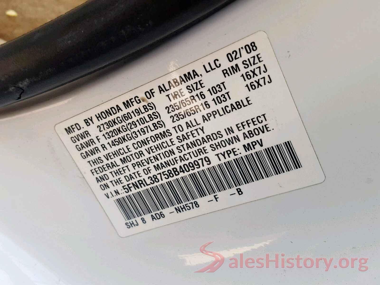 5FNRL38758B409979 2008 HONDA ODYSSEY EX