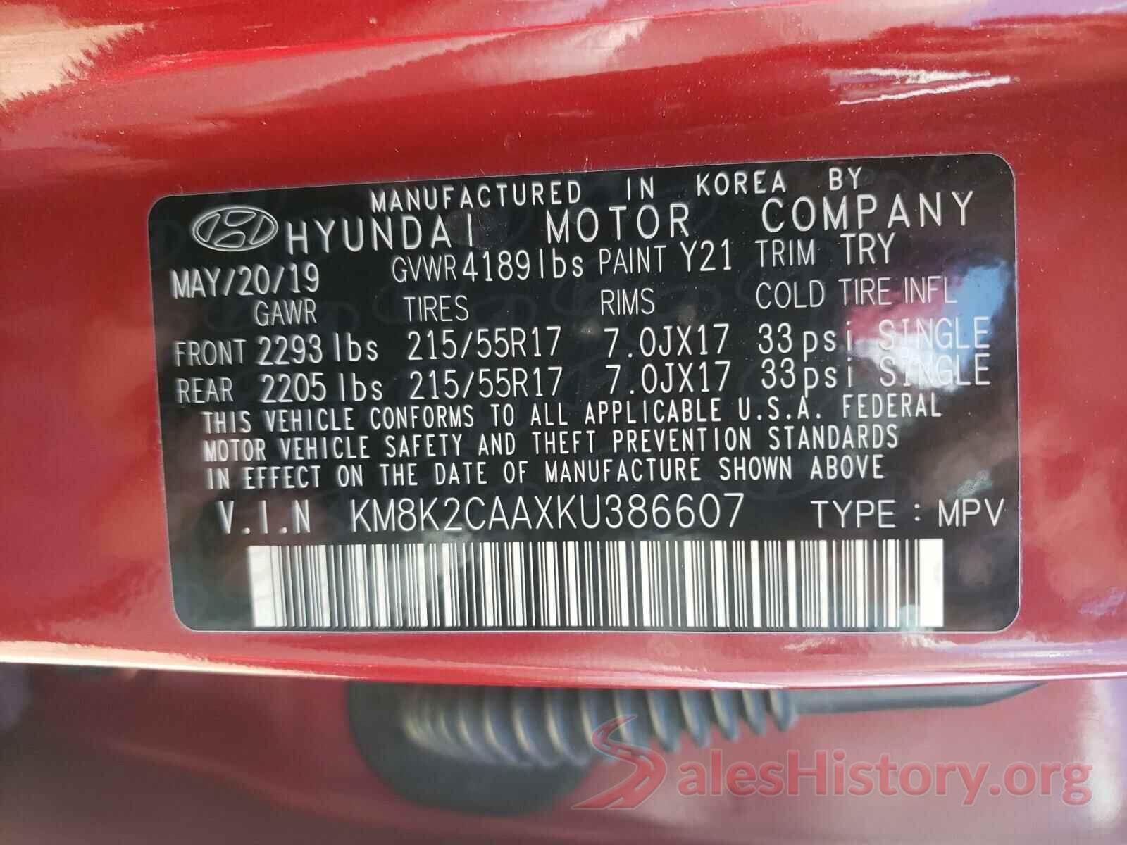 KM8K2CAAXKU386607 2019 HYUNDAI KONA