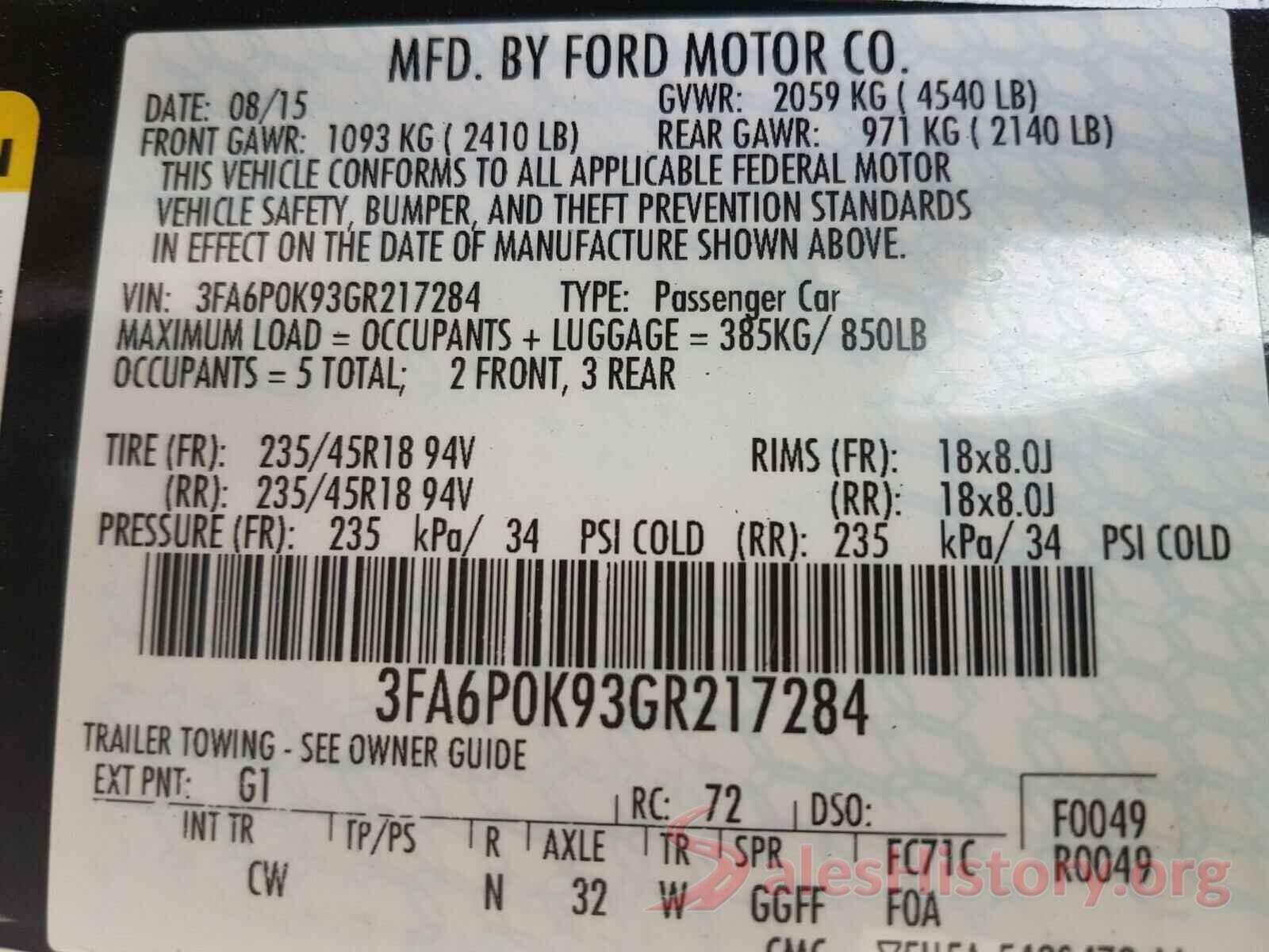 3FA6P0K93GR217284 2016 FORD FUSION