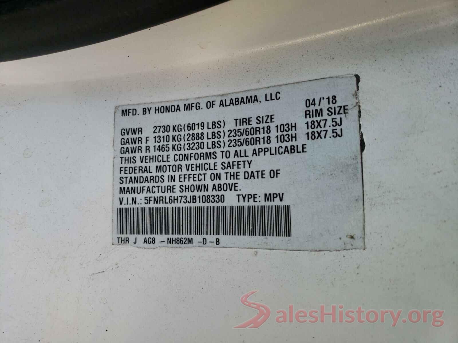 5FNRL6H73JB108330 2018 HONDA ODYSSEY