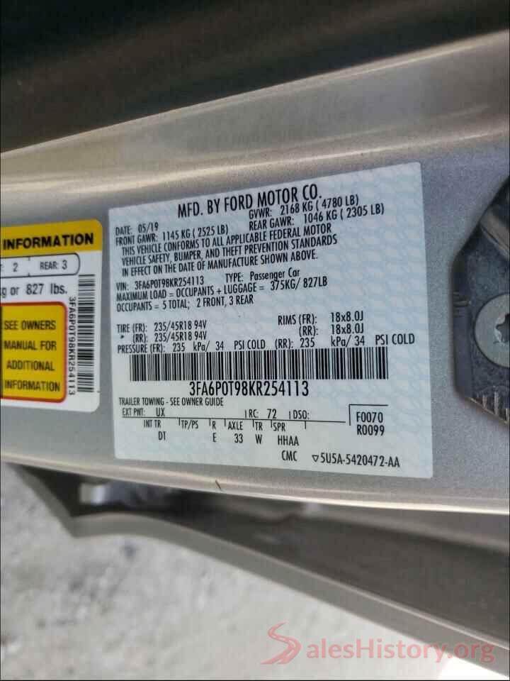 3FA6P0T98KR254113 2019 FORD FUSION