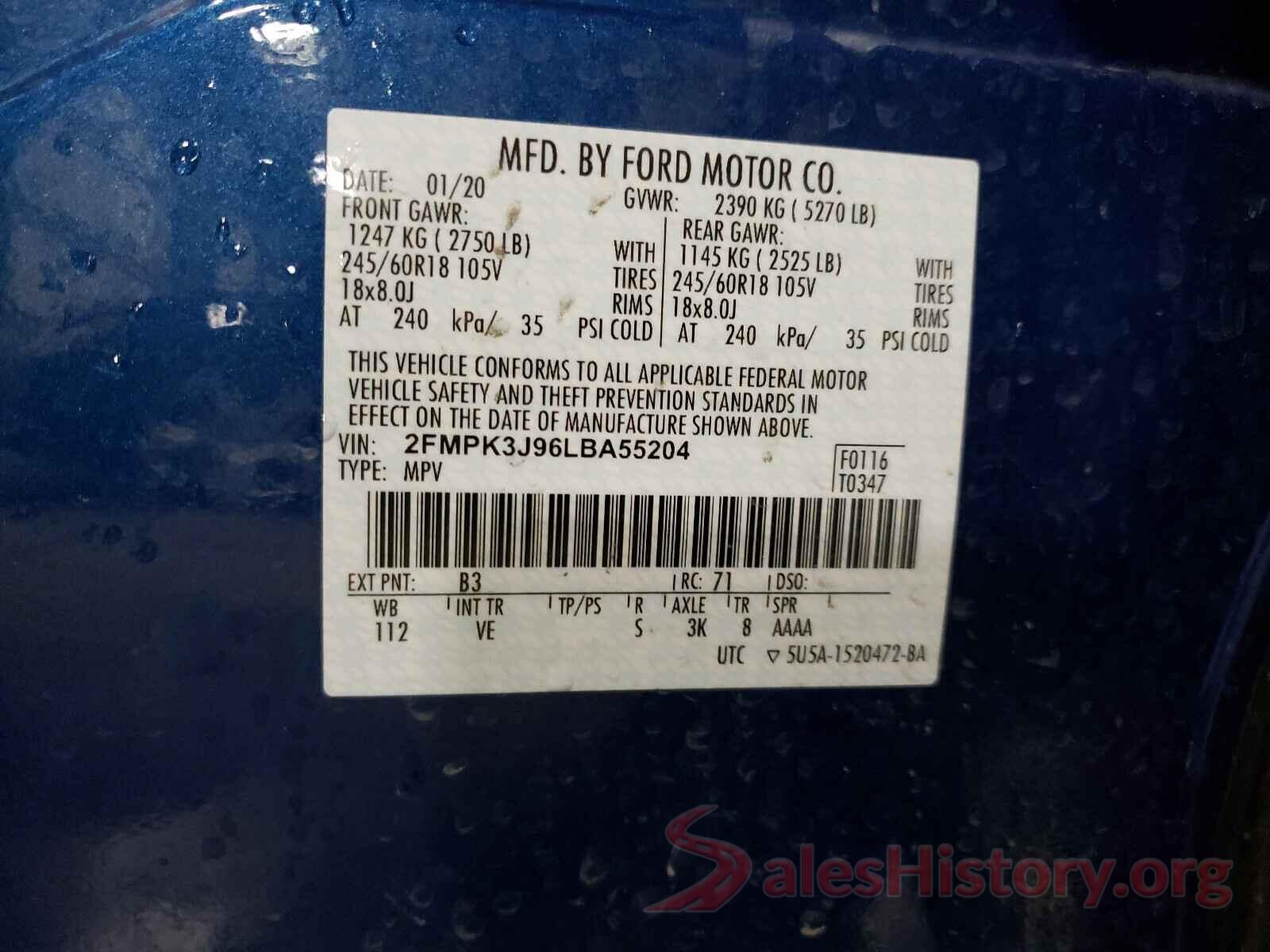 2FMPK3J96LBA55204 2020 FORD EDGE