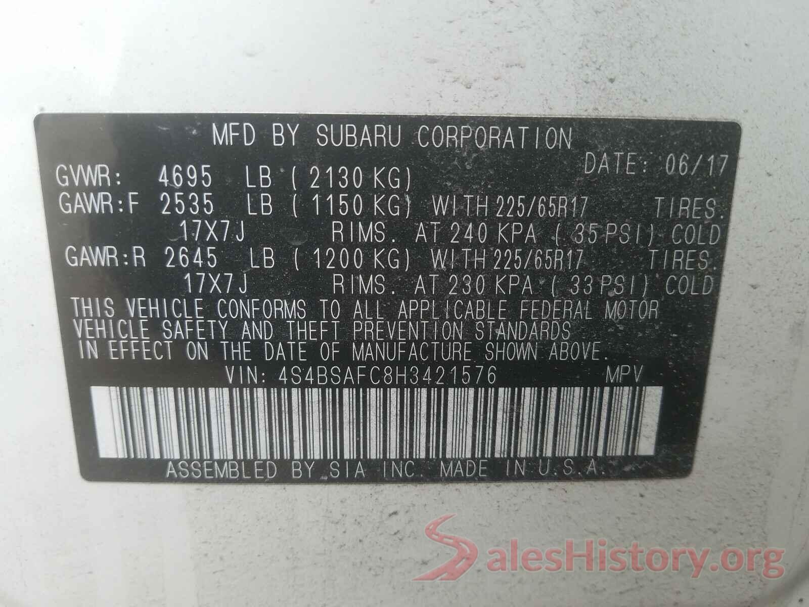 4S4BSAFC8H3421576 2017 SUBARU OUTBACK