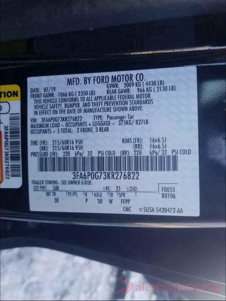 3FA6P0G73KR276822 2019 FORD FUSION