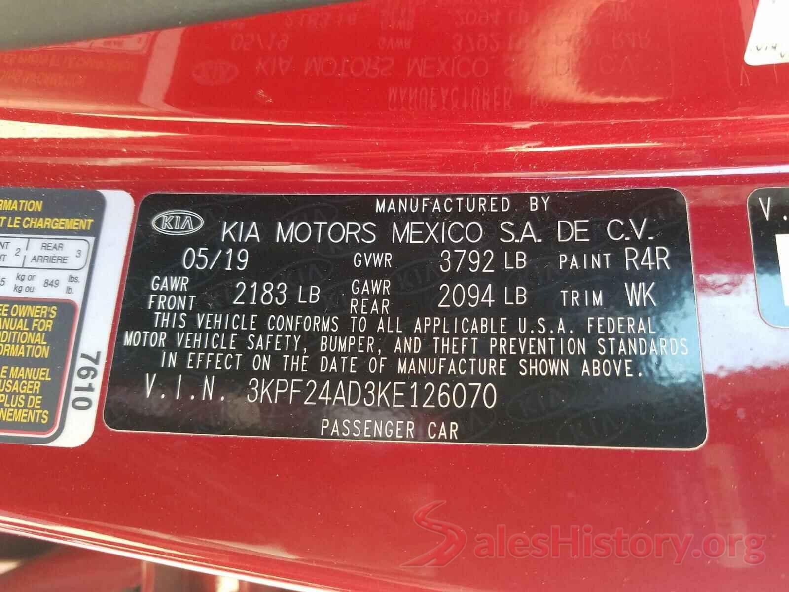 3KPF24AD3KE126070 2019 KIA FORTE