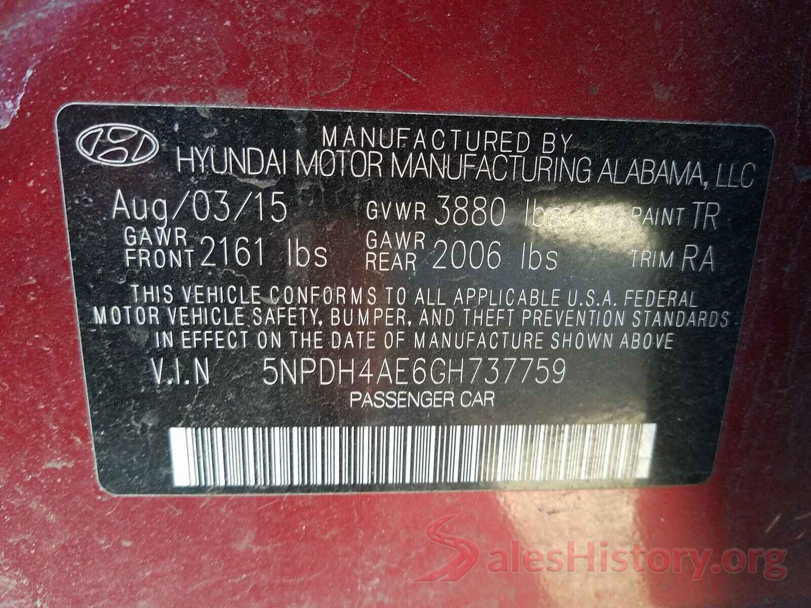 5NPDH4AE6GH737759 2016 HYUNDAI ELANTRA