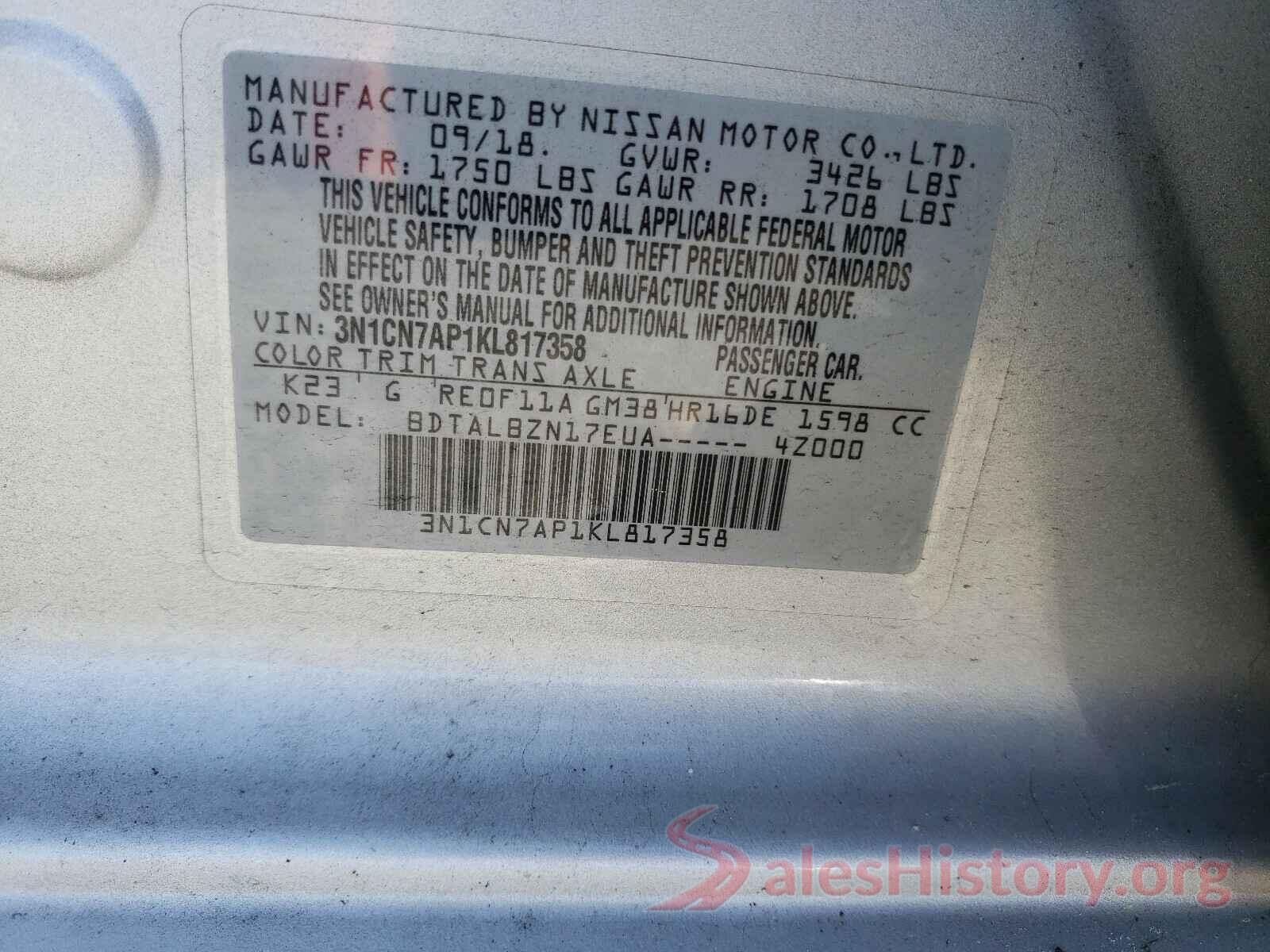 3N1CN7AP1KL817358 2019 NISSAN VERSA