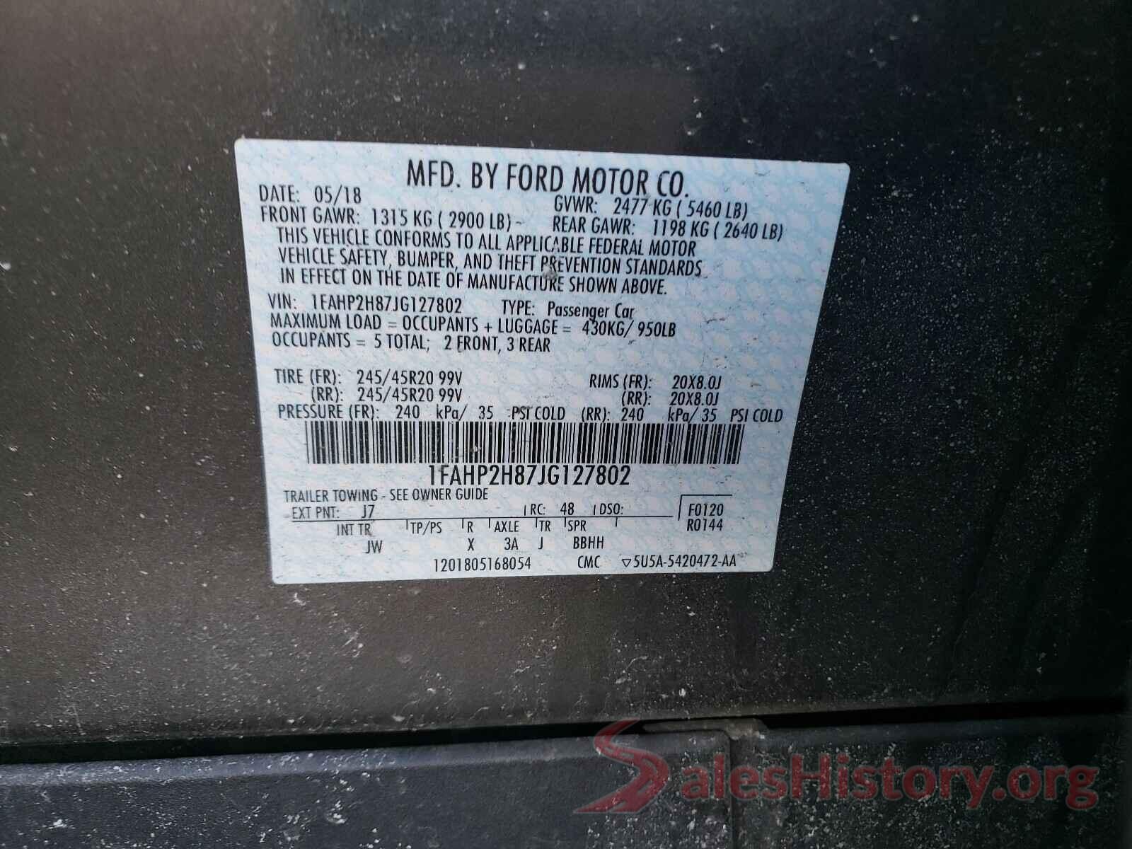 1FAHP2H87JG127802 2018 FORD TAURUS